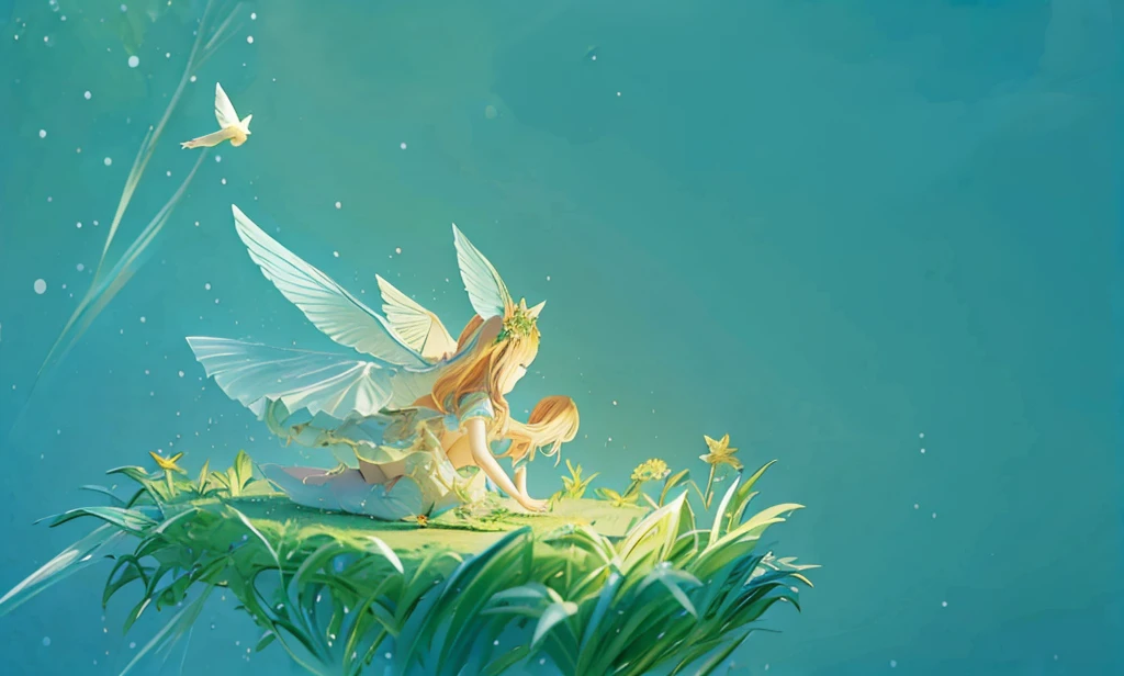 "Please create an illustration of a winged girl embarking on an adventure with mysterious creatures in a floating garden. The girl possesses vibrant wings, and the garden is filled with floating islands and fantastical plants. Within the garden, whimsical creatures reside, and the girl, along with them, discovers new friendships and secrets, surprising each other along the way. The sky and the garden are adorned with stars, casting a gentle glow over the scene.