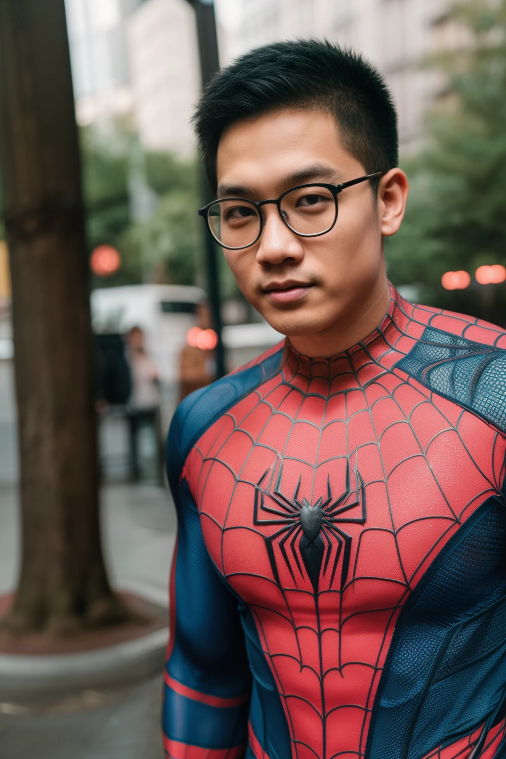 Andrew thomas huang, oval face, eyeglasses, neat muscular, spider-man costume, nomask, sneakers, random places,