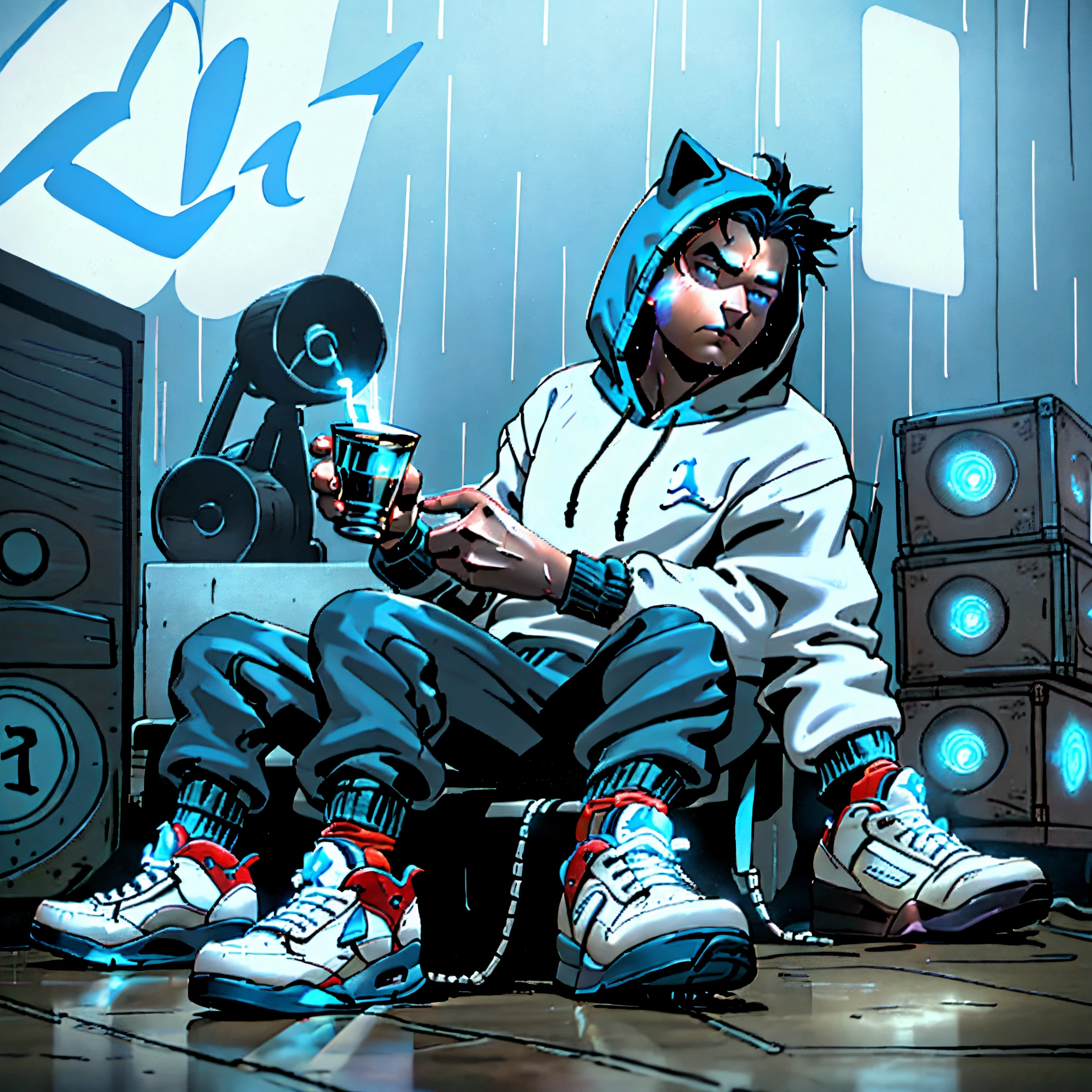 Sonic in the rain sitting on a dodge charger and he looks sad he’s wearing a hoodie and joggers with glowing blue Jordan 5s and he’s holding a white cup stacked on another white cup with glowing blue juice in the inside and there are glowing blue pills on the floor