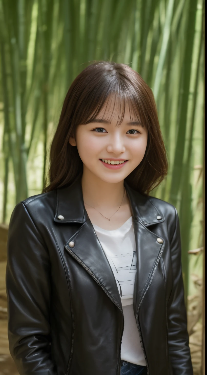 On a quiet spring afternoon,8K masterpiece of the highest quality.There is a 19 year old girl。She wore a tight black leather jacket,Sitting on a large moss-covered stone in the bamboo forest by the river。The sun shines on her face through the bamboo leaves,forming a soft light and shadow。Her skin looks fairer in the sun,Contrast with black leather jacket。
That girl'Eyes bright and focused,smiling and looking into the camera,It seems to be telling a beautiful story。Her smile is like the spring breeze blowing through the bamboo forest,Make people feel the vitality of youth and vitality of life。in this picture,We seem to feel her inner joy and love for life。
Surrounded by dense bamboo forest,Abundant greenery,The river is gurgling,Take a nice photo with a girl。This scene is like a beautiful poem,Telling about the beautiful time in spring afternoon。
