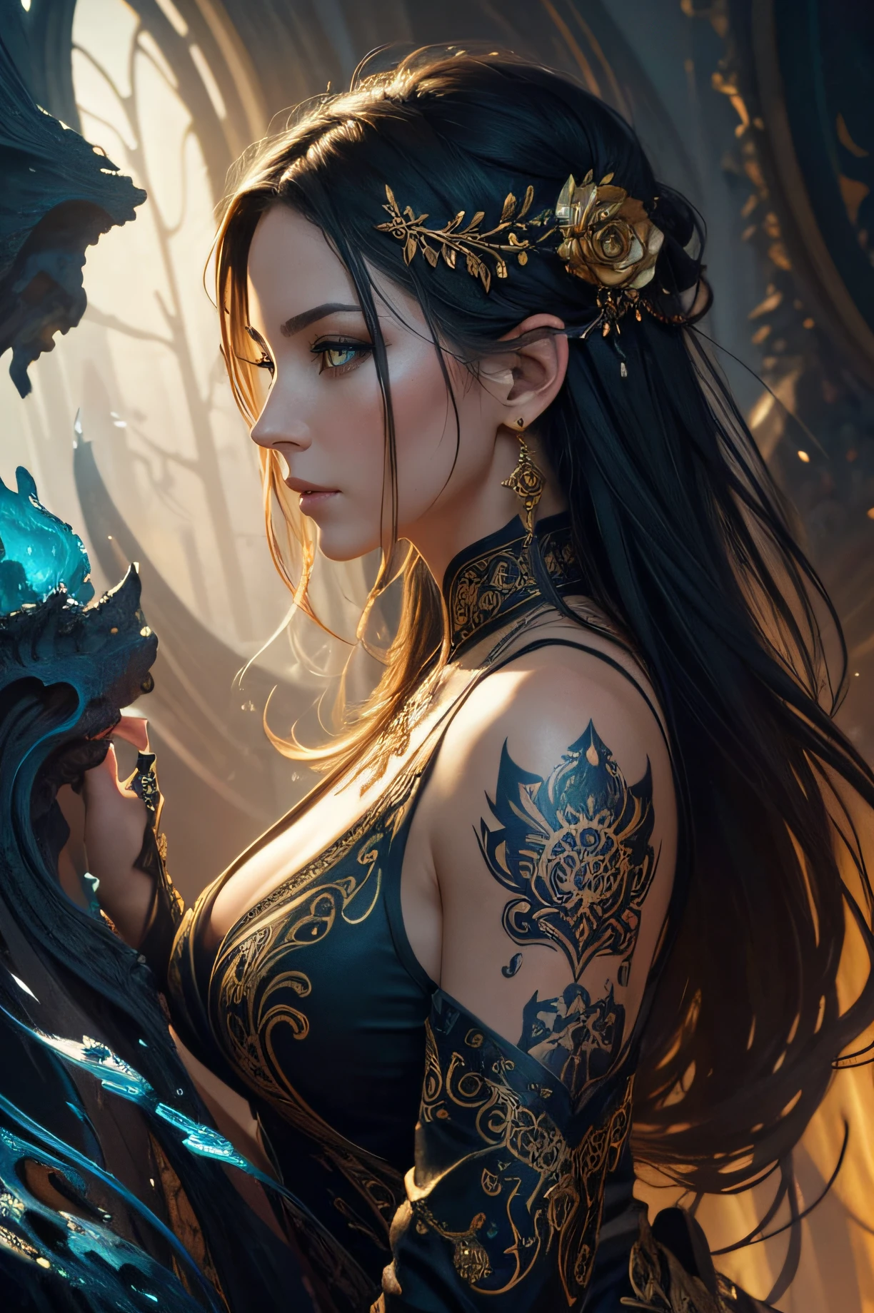 Colorful beautiful woman: Black ink flow: 8k resolution photorealistic masterpiece: by Aaron Horkey and Jeremy Mann: intricately detailed fluid gouache painting: by Jean Baptiste Mongue: calligraphy: acrylic: watercolor art, professional photography, natural lighting, volumetric lighting maximalist photoillustration: by marton bobzert: 8k resolution concept art intricately detailed, complex, elegant, expansive, fantastical, Golden Eyes. logo design