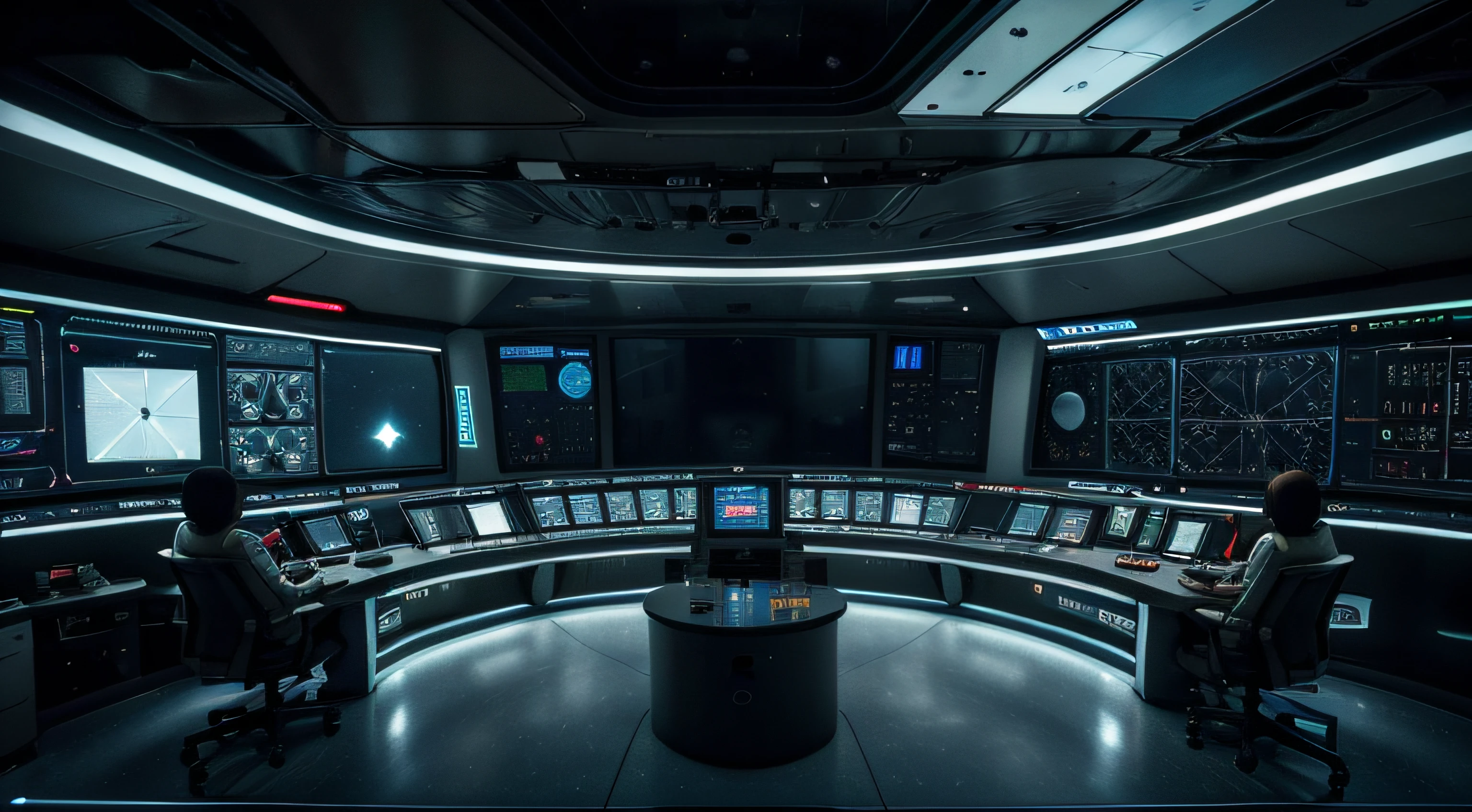 Inside the advanced space command center, there are many scientists, a sense of science and technology, life systems, metallic details, lifelike details, super realism, bright pictures, large wide angles, high reality, light and dark