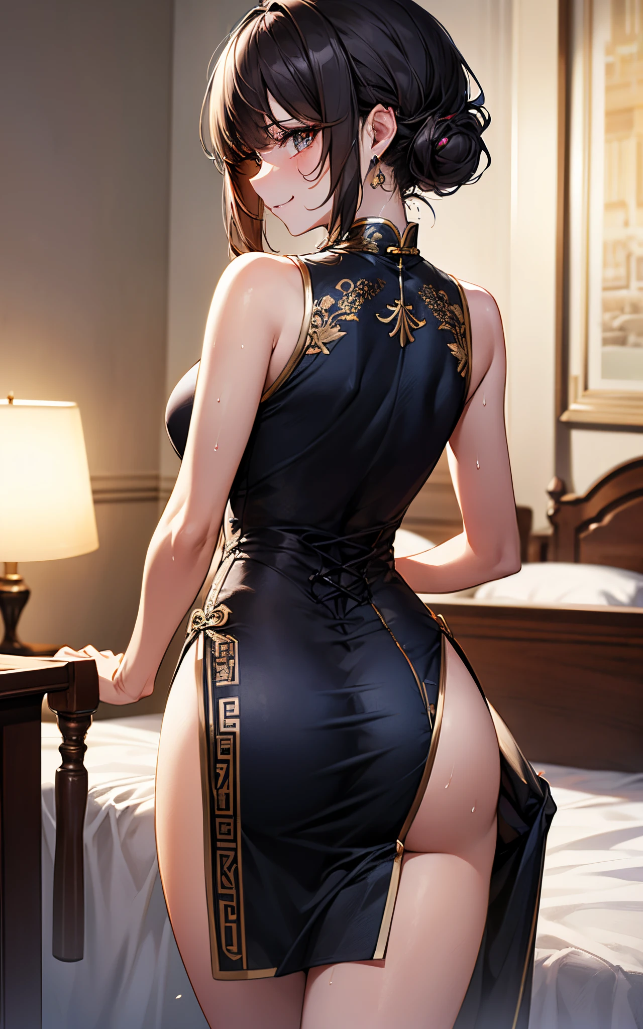 top-quality、hight resolution、super precision、masterpiece、8K、(1人の女性)、(((extra detailed face)))、8 Head Body、
(Composition seen from behind)、(stand in front of the bed)、buttocks visible、The back is visible、nape、Grabbing the hem of clothes、a smile、Sweat on the face、sweat on the body、Plump eyes、(big light in the eyes)、Eyes sparkle、Wet eyes、hotel room)、petals scattered on the bed、Fine skin、 (((black long cheongsam dress)))、(Beautiful floral embroidery)、off shoulders、thighs thighs thighs thighs、large full breasts、Deep slit、 ((untie the hair))、(hair adornments)、Beautie、Embarrassing、Feels、Refers to 5
