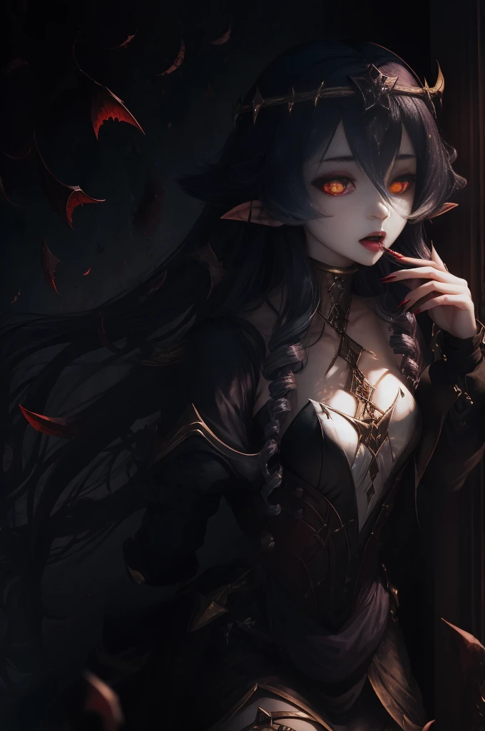 Vampire Girl , Masterpiece, ,(独奏:1.1), a perfect face, (vivid lighting:1.2),beautiful detail eyes, extremely detailed face, perfect  lighting,Masterpiece, Best Quality, 1girl, pale skin, hairlong, 20years old , red eyes, fangs, A glass of blood in his hand, Complex hairstyle, vampire fangs, open mouth, sharp teeth, vampire fangs, in full height , seductive position