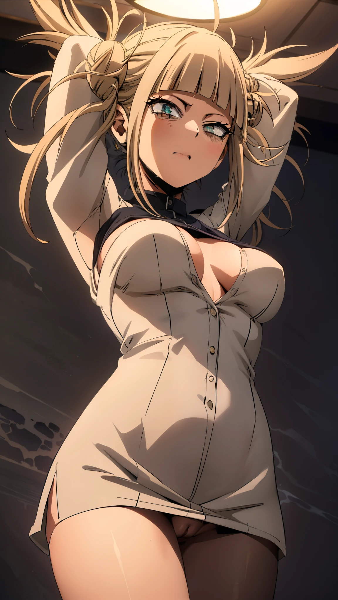 himikotoganova, (1girl, solo), blonde hair, double bun, messy hair, bangs, (perfect eyes, yellow eyes), bags under eyes, (close mouth), Nude, (pussy:1.2), breasts, (arms behind on back:1.1), looking at viewer, (masterpiece:1.2), best quality, perfect super ultra high resolution, unity 8k wallpaper, (illustration:0.8), (beautiful detailed eyes:1.6), extremely detailed face, perfect lighting, extremely detailed CG, (perfect hands, perfect anatomy),