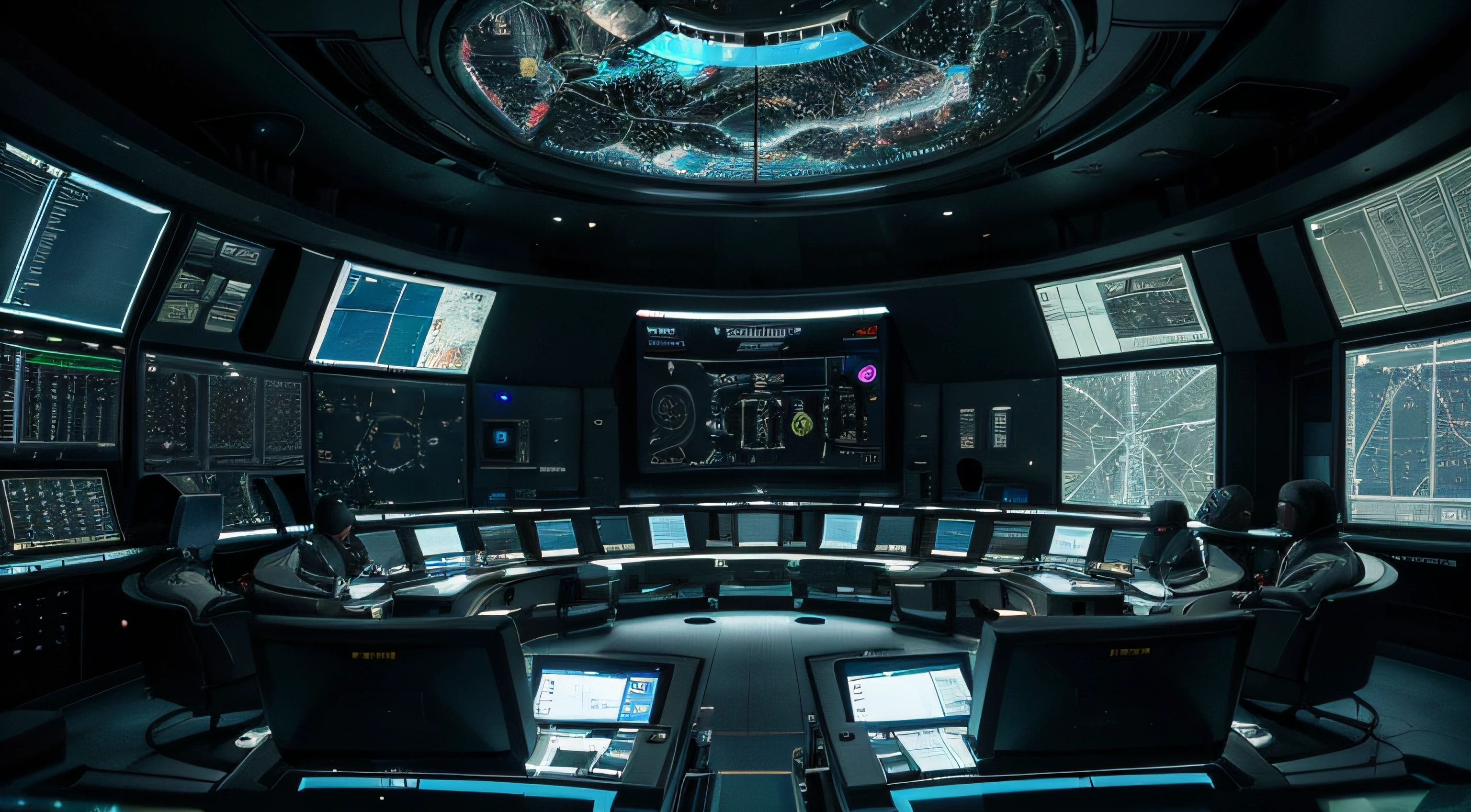 Inside the advanced space command center, there are many scientists, a sense of science and technology, life systems, metallic details, lifelike details, super realism, bright pictures, large wide angles, high reality, light and dark