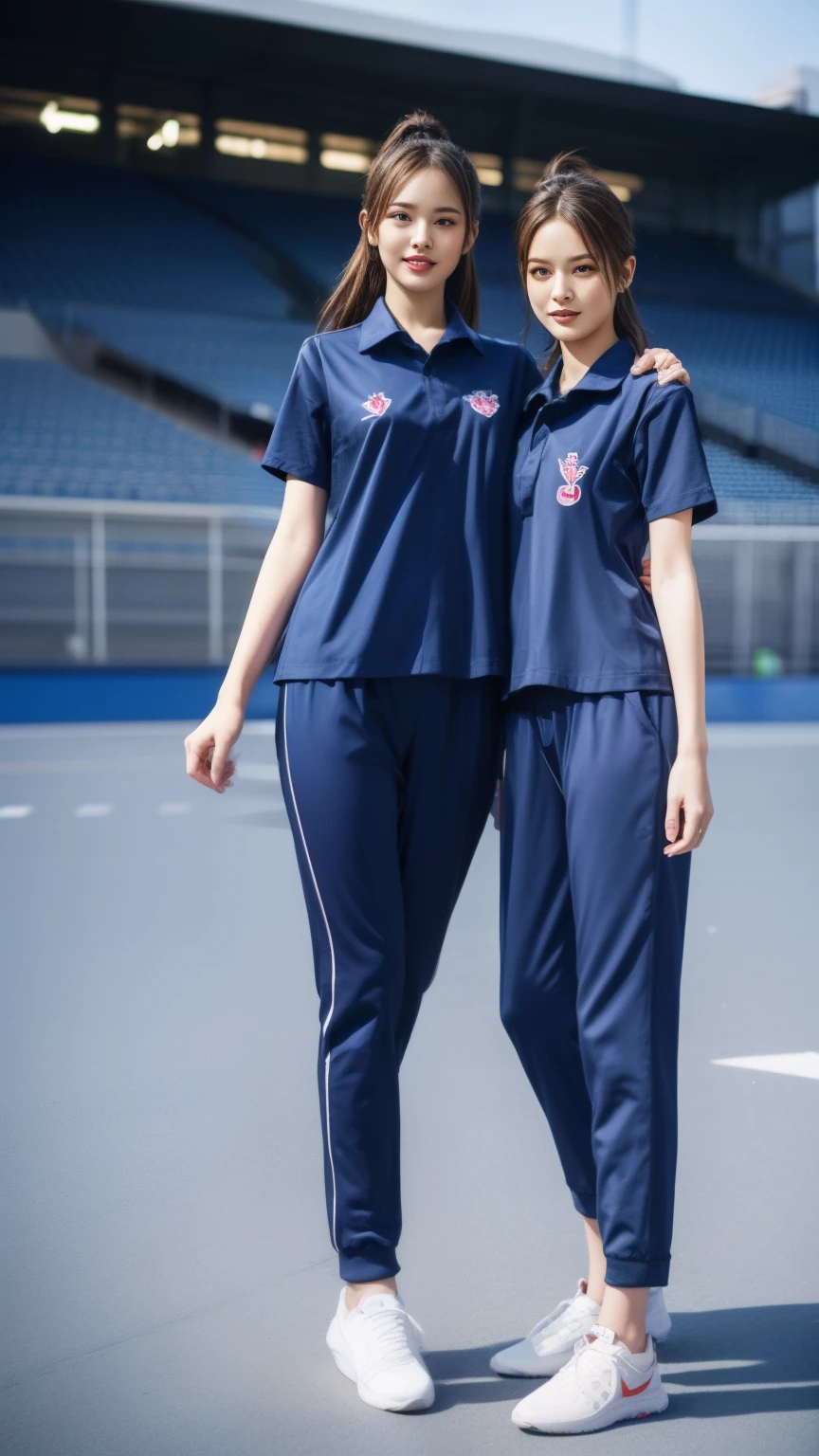 (bestquality,10,10,highres,masterpiece:1.2),ultra-detail,(Realistic,photorealistic portrait,photo-realistic:1.37),1 Cute girl in the football field,oily shiny skin,bara,light smile,BDclothes,((blue shirt:1.3)),short sleeves,shirt, trousers.,(navy_long_Pants Track:1.1), ((Stadium Background:1.3)),dynamic angle,excited,face focus,Dynamic Poses,from behide,Ass Focus,masterpiece, bestquality, ultra realistic, hyper-detail, 8k resolution, RAW photo, crisp focus, ((Navy blue shirt:1.1)), short sleeves, Long Path, Perfect body, 2 mature women, 18yo, cinematic light,Blue sweatpants,Gymware,Correct anatomy,Complete body, Correct body, sharp face, Anatomically correct body, full entire body, Realistic gestures, long-haired, Realistic poses,Wear long shorts..................,Long leg span,Shapely,Sculpting Girl, Slender Figure, mannequin mannequins, Shapely, Beautiful body,Blue sweatpants, Two girls kissing