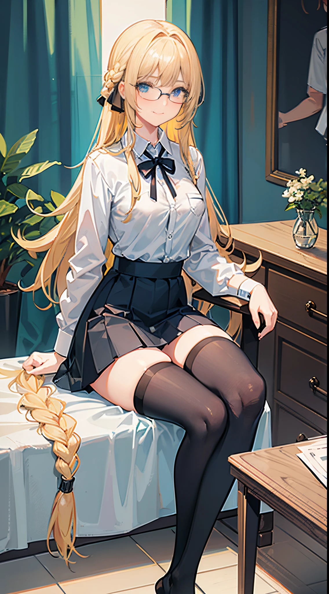 18-year-old blonde girl, Turquoise eyes, long-haired,Braid left and right, Wear glasses, Wear a white short-sleeved shirt...........button up.  Black miniskirt, sitting on the bed, Put on stockings......., Show off your legs...........With a slightly smiling face........