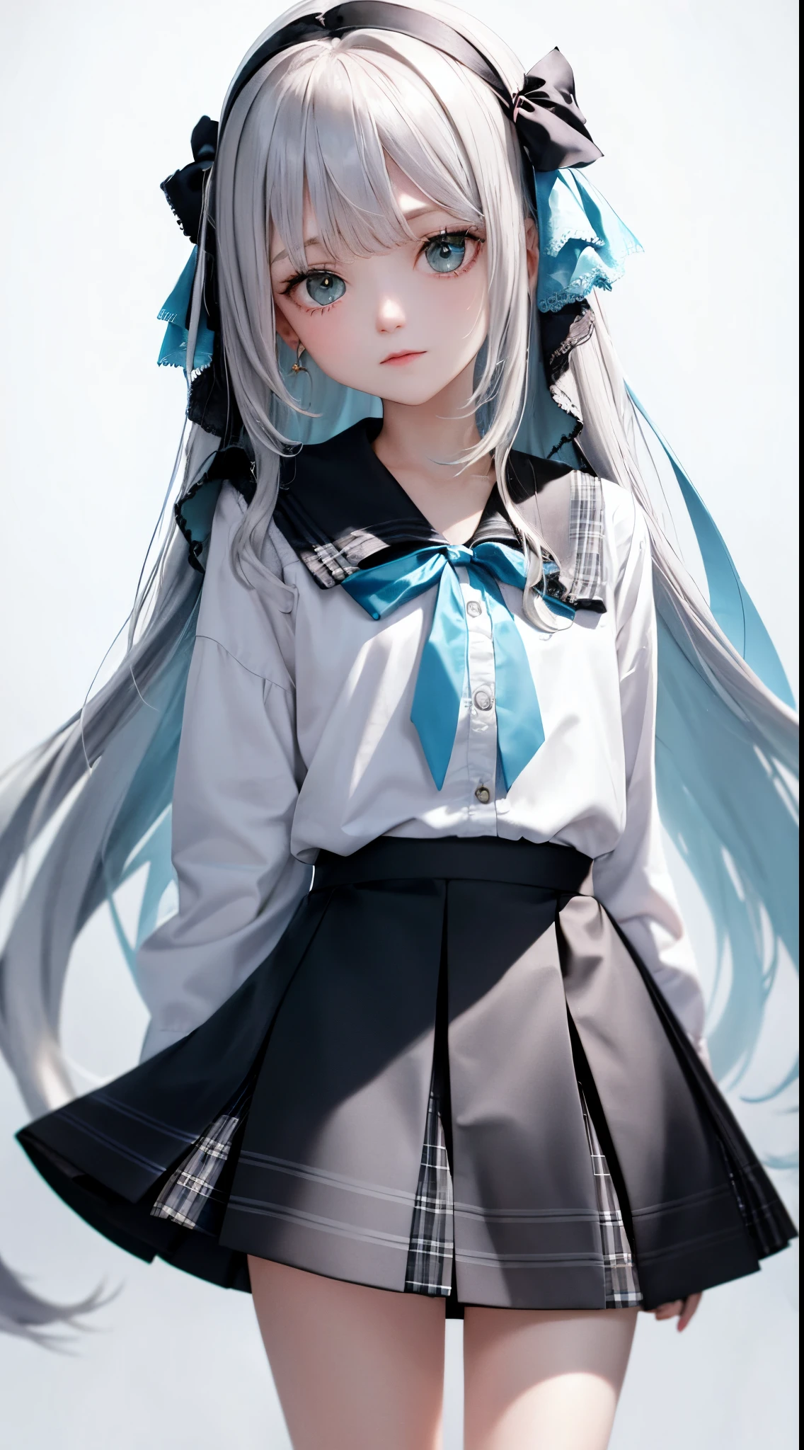 1girl, (masterpiece:1.1), (best quality:1.1), (white blouse:1.1), (plaid skirt:1.1), school uniform, high waist skirt, BREAK [blue:pink:0.5] theme, (gradient background:1.1 ), cowboy shot, BREAK silver hair, long hair,, green eyes, delicate headgear, looking sideways,