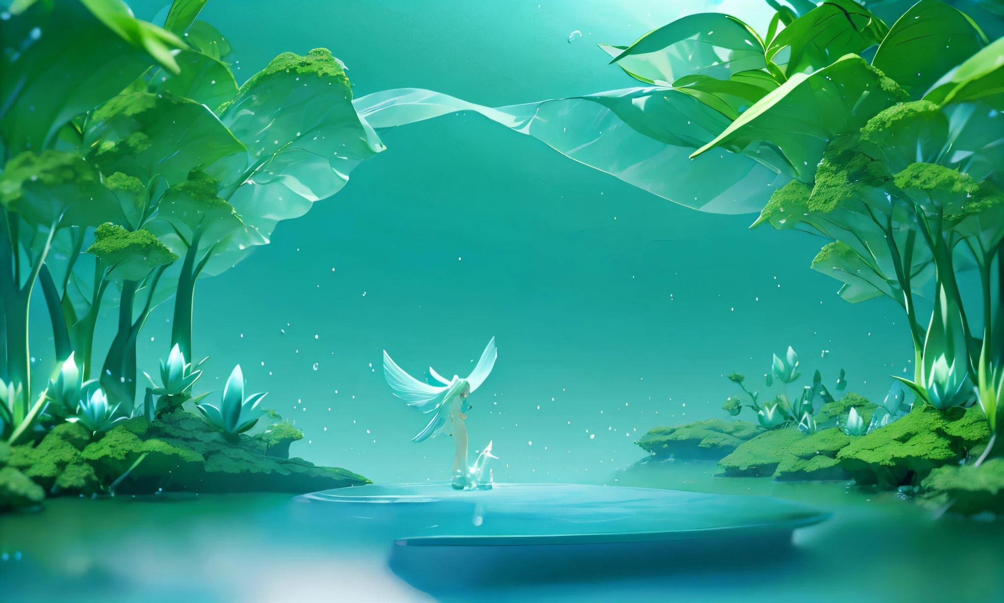 Sky garden、a mysterious creature、Girl with wings、lively wings、Floating islands and fantastic plants in the garden。There are whimsical creatures living in the garden.、、。The sky and garden are colored with stars、Gentle glow、。hightquality、3D,precision image、Longhaire、