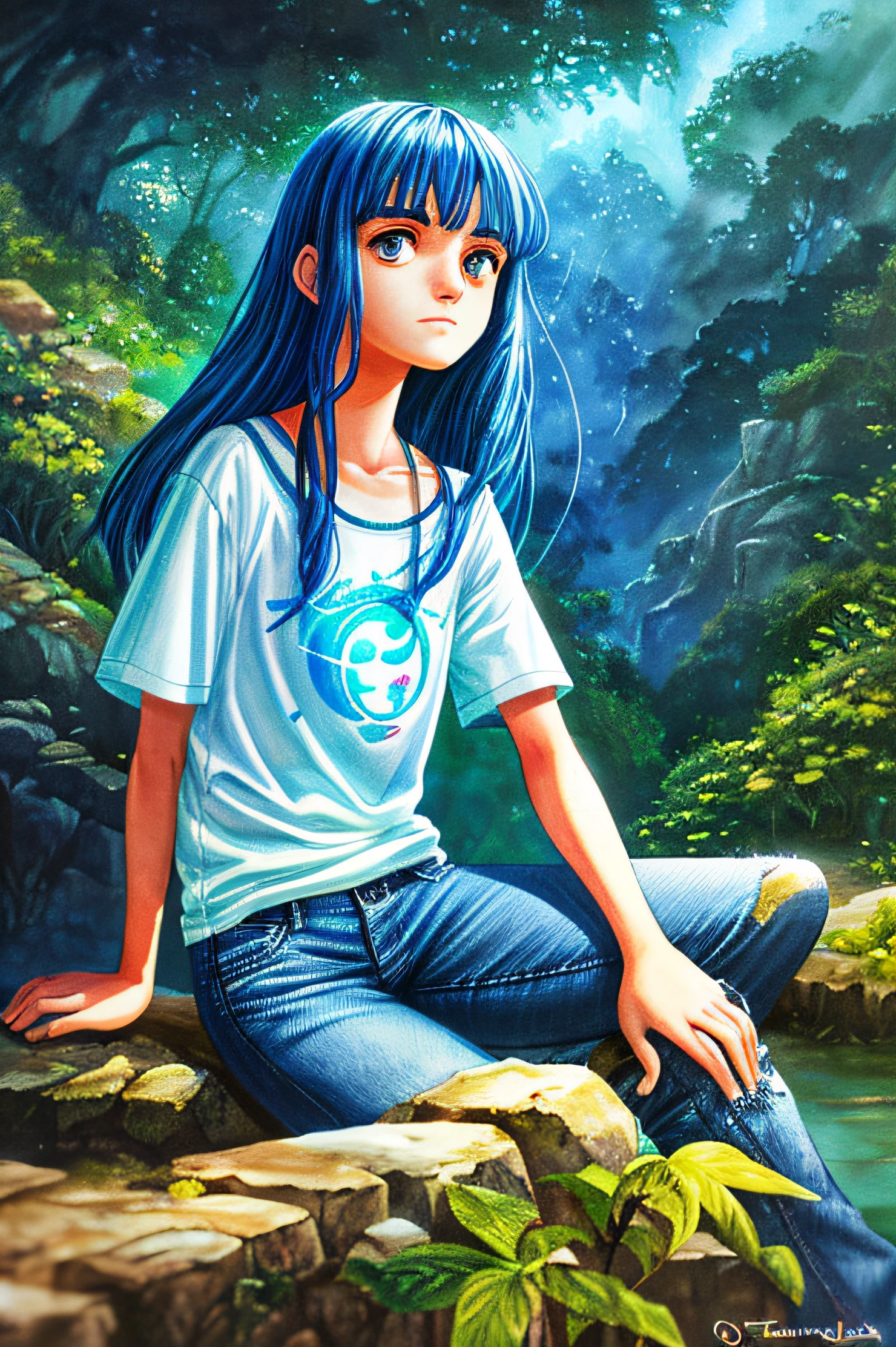 bonita de costas, tenis azul, don' dont look directly at the camera, head looking down, 10 anos de idade, Denim Jeans Pants, camisa, sitting on the floor, arms resting on the knee, olhando a paisagem melancolica, pensativa, Mystical setting, floresta encantada azul, magic hour, borboletas azuis, cura, relaxamento, melancolia, illustration, melhor qualidade, desenho, aquarela, realismo