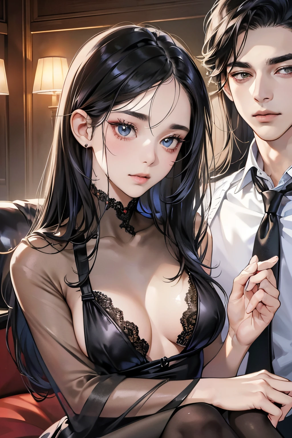 (masutepiece, Digital Art, Digital Illustration, 4K, 8K, Ultra-detailed, beautiful image, Sharp Image, Photorealistic, Raw photo, Perfect face, Perfect lines, Perfect eyes, Soft lighting) 1 woman, (Long Black Hair,straight haired,Bullish gaze,Beautie,Woman in suit、Solid makeup,23 y-o woman,small tits:1.3),Secretary, Two handsome men in suits, (ember,Men in suits,well-muscled,Firm shoulder width,Adult male,Boyish hairstyle,English gentlemanly style,Man in his 30s with a cool expression,28-year-old man with bright smile:1.2),living room full of light、sofas、relaxing sofa、the kiss、kiss、a couple、couple kissing、Romance、ssex、have sex、Wet pubic area、insert 、Rape、Overflowing、Full body painting,(One Girl And One Man,Having sex:1.5),(ember,Adult male,Rubbing the girl's boobs:1.2),Cheek dyeing、gasping face、embarrassed、boredom、begging、Unhappy、Greedy expression,Wet pubic area、 xen、Open your crotch wide、Cowgirl、Fluttering chest、Wet shirt、Sheer black lace underwear、Underwear to take off、love hotel、rotor