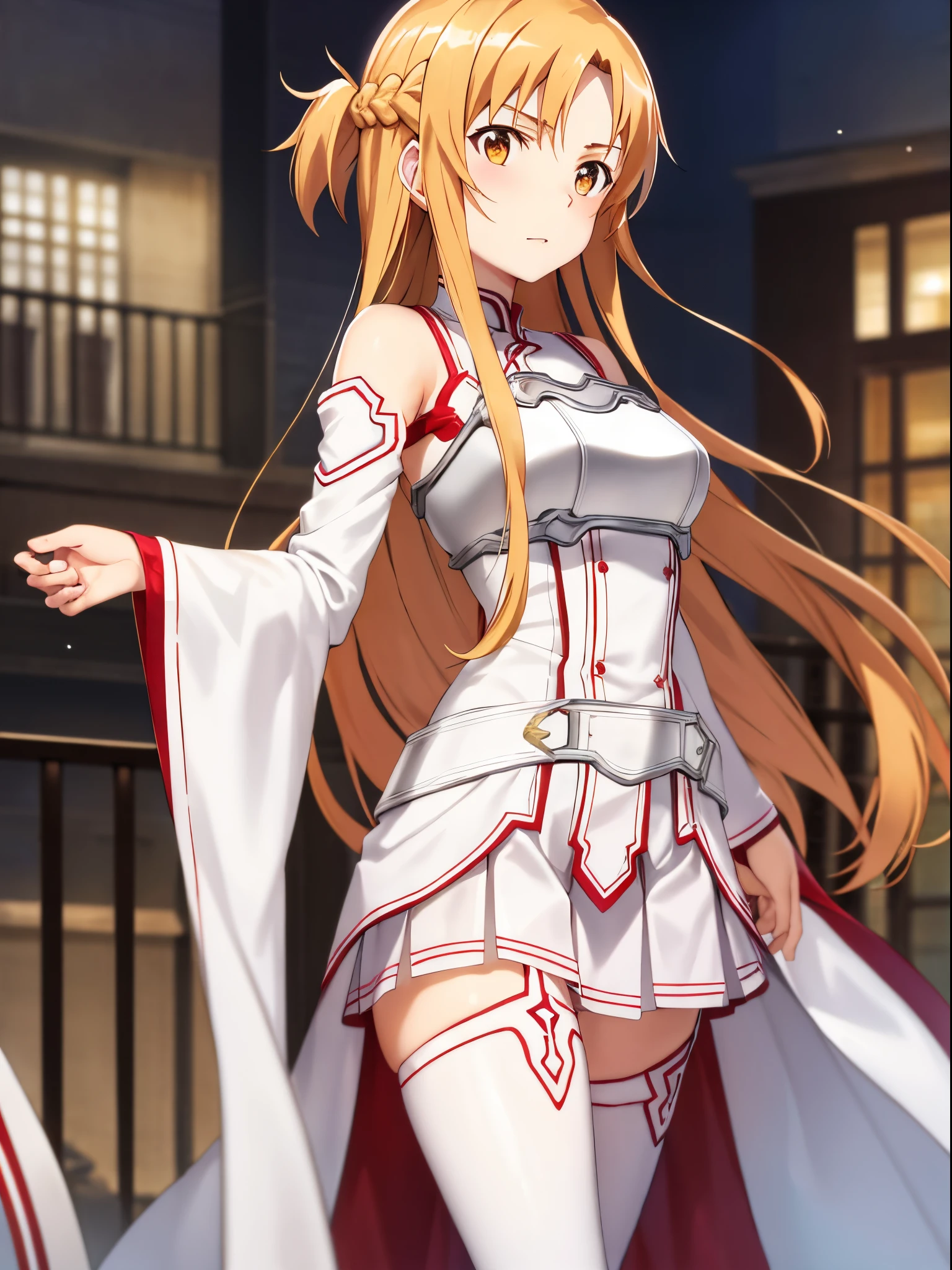 Asuna Yuki(Sword Art Online), dynamic angle, Long bronze hair,braid,Brown eyes,Detailed eyes,Large chest line,roll to the front,armature,chest flap,White shirt with long sleeves,Detached sleeves,Red and white skirt,pleatedskirt,Lifelike,Her thin legs are so cute.,Very beautiful long legs.,white thighhig,garters,Perfect body,Lifelike,Standing,lean forward a little,city