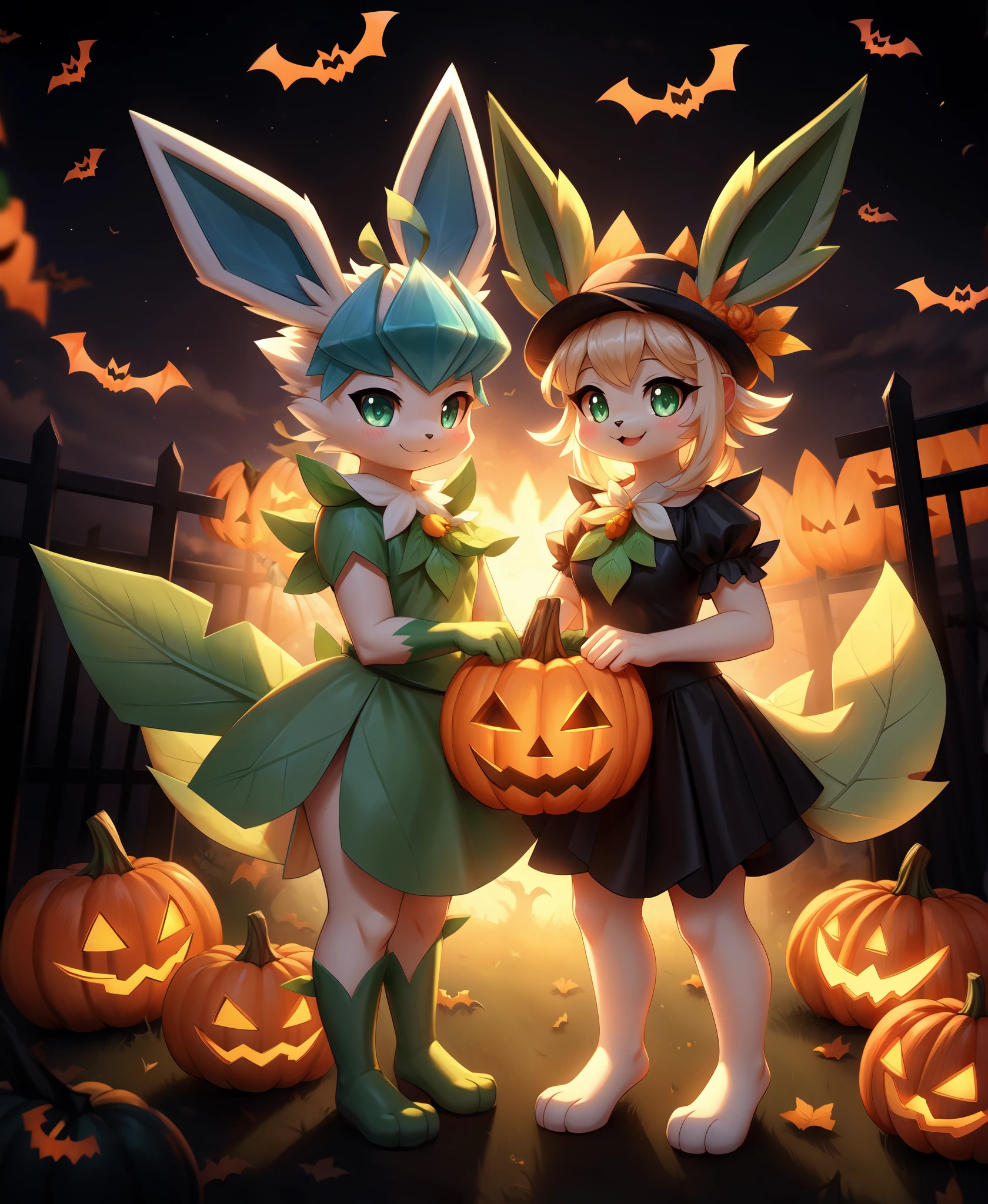 kryztar
halloween nintendo pokemon
eeveelution generation_4_pokemon glaceon leafeon pokemon_(species)
absurd_res hi_res
anthro duo female food fruit halloween_costume holidays plant pumpkin