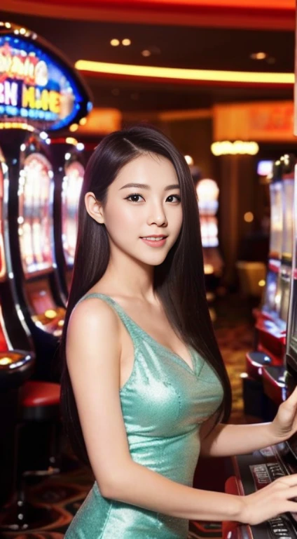 ((beste-Qualit, 10, masterpiece: 1.3)), 1girls, Slim Abs Beauty: 1.3, (Hairstyle Casual, large boobs: 1.2), dress: 1.1, Super Fine Face, delicate eyes, 二重まぶた, smile, There is a sign on the chest that says:: "369",(Play Slot Machines,PG slot games),(Random background,In casinos,VIP casino room, Modern Casino Console, Modern Slot Machines )