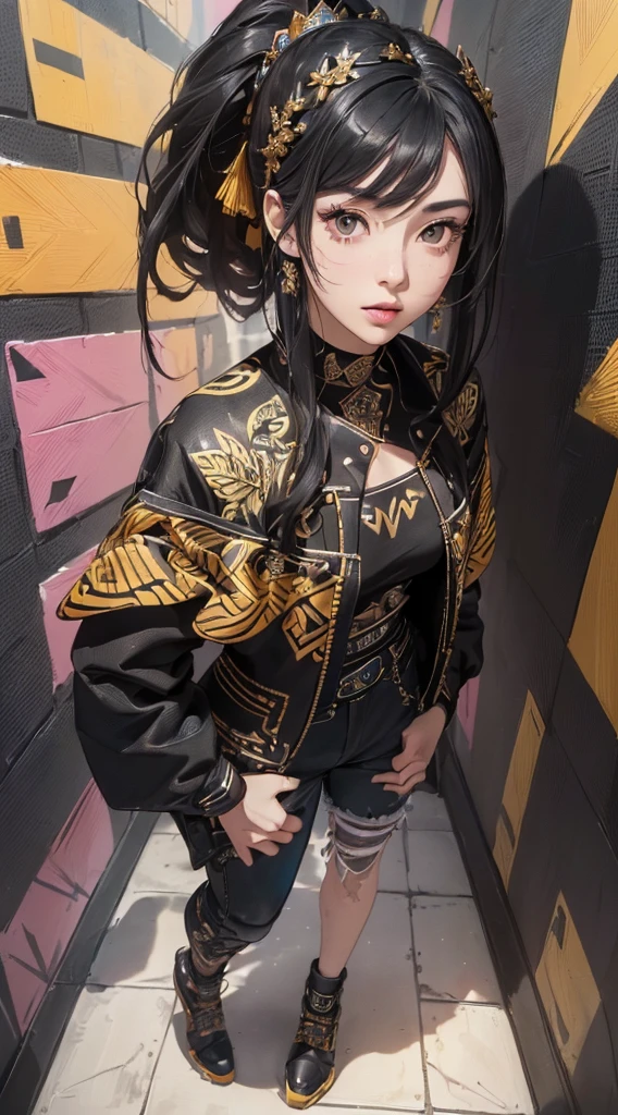 (((8k wallpaper of extremely detailed CG unit:1.2, masterpiece, hight resolution:1.2, top-quality:1.2, masutepiece))), ((a very beautiful woman, Hands in pockets:1.8, Grunge Fashion:1.2, wear a blouson:1.2, Wearing hot pants, Wearing shoes)), ((extra detailed face, Highly detailed black eyes, extra detailed body, Top quality real texture skins)), (A dark-haired, length hair, de pele branca), ((colorful geometric pattern wall, Colorful wall)), (high-angle:1.2, a closeup), hyper realisitic, digitial painting,