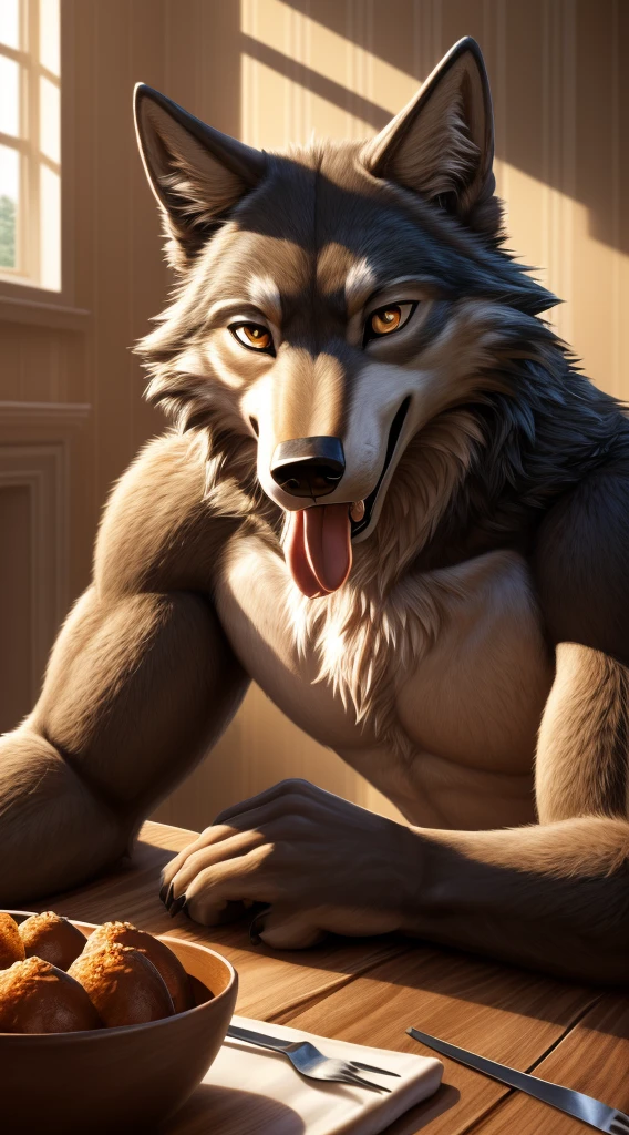 ((nj5furry, solo, masterpiece, chest level shot, hungry, tongue licking teeth, (anthro), looking at object, high resolution, 4K, photorealistic)), male, adult, ((wolf-face, detailed fluffy fur, extremely detailed, paws, wolf tail, two-tone fur, brown and white furred body)), gold eyes, high contrast, dynamic composition, ((behind a table, prepared turkey set on table, house background, daylight, windows))