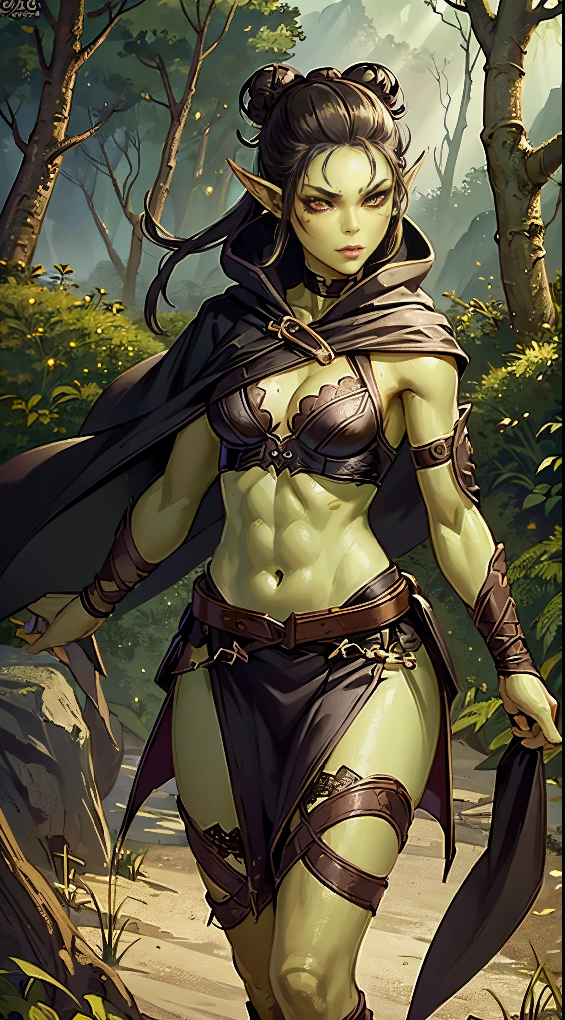 1girl, sexy githyanki, (green skin:1.3), black short hair bun, orange eyes, pointy ears, navel, midriff, black hooded cloak, black cape, garter, black belt, brown pouch, medium breasts, athletic, standing in the forest,  small river, highly detailed face and eyes, sunlight, midday, best quality, masterpiece, realistic, anatomically correct, stunning details, intricate details, 8k post-production, high resolution, super details, trending on ArtStation, sharp focus, depth of field f/1.8, studio photos