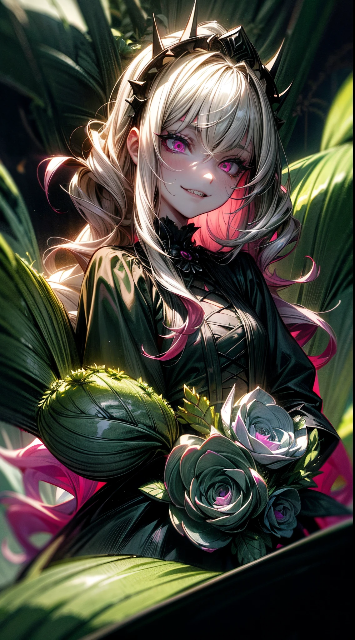 (masterpiece:1.2), best quality, (dark aesthetic, gloomy aesthetic, horror aesthetic:1.2), dark undertones, (cinematic lighting:1.2), (detailed lighting:1.1), pixiv, realistic proportions, villain, evil, (1girl, feminine:1.1), (wavy hair:1.4), (accessories:1.1), Personification of the succulent, Echeveria, The hair ornament is succulent flowers, evil grin, sharp teeth, dark, eerie, Echeveria, long messy hair, Gradient white to pale green to pale pink hair, slant eyes, hot pink eyes, long eyelashes, glare, wariza, dark room, surrounded by lots of succulents, Clear lines, sketch, shading