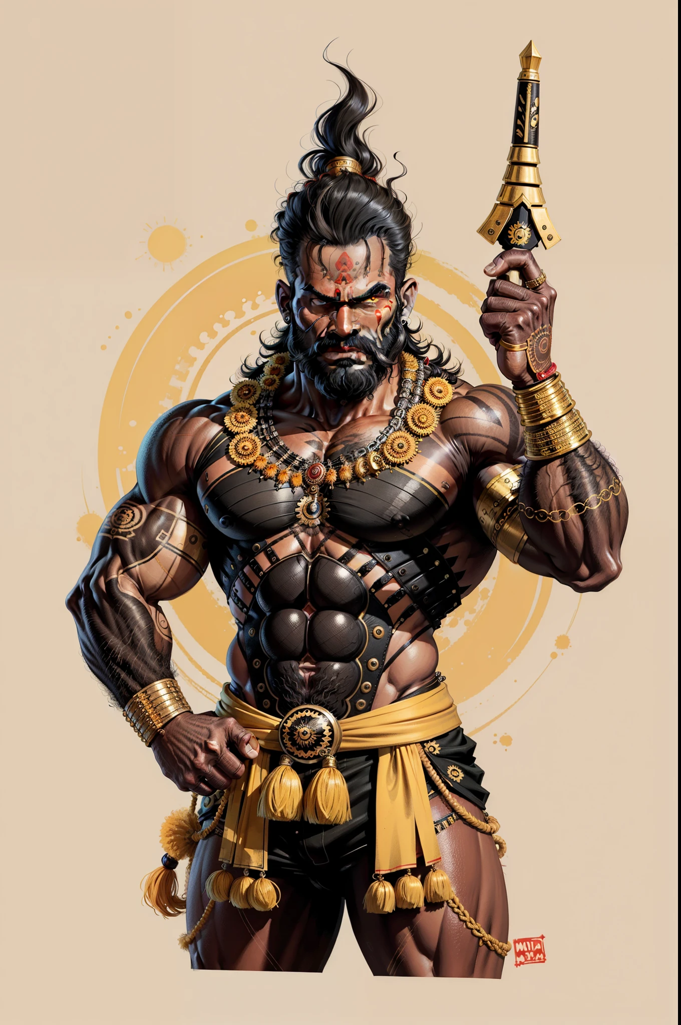highly detailed tamil terror muscular warrior in the style of 0mib, A high resolution, yellow and black, simple white back ground