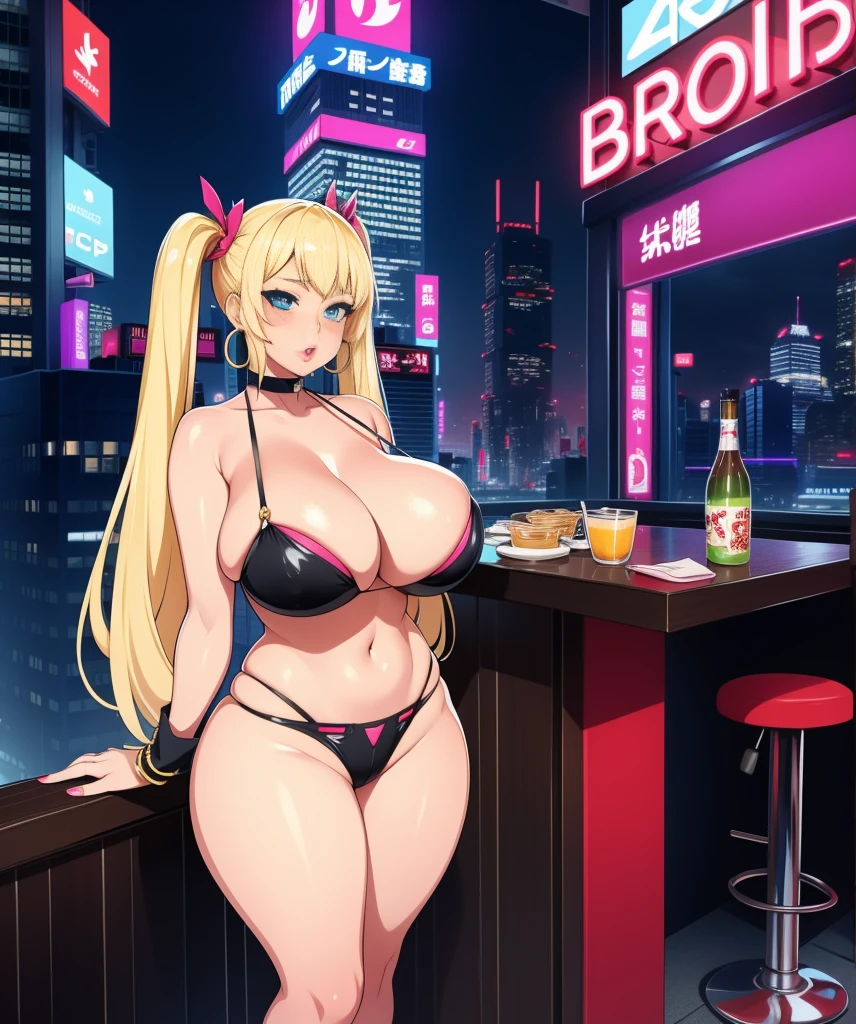 1girl,  (((bimbo))),hoop earrings, puffy lips, painted lips, thick lips. 
blonde hair, short twintails, wide hips, thick thighs, bursting breasts Nightlife, Night city, Cyberpunk city, futuristic cityscape. Neon lights, (skyscraper:1.1), Tokyo tower, palm tree, cloth sign, ramen stall, night club. bright city lights, exotic car. alcohol, bar, ramen, soup stall ,alcohol bottles,