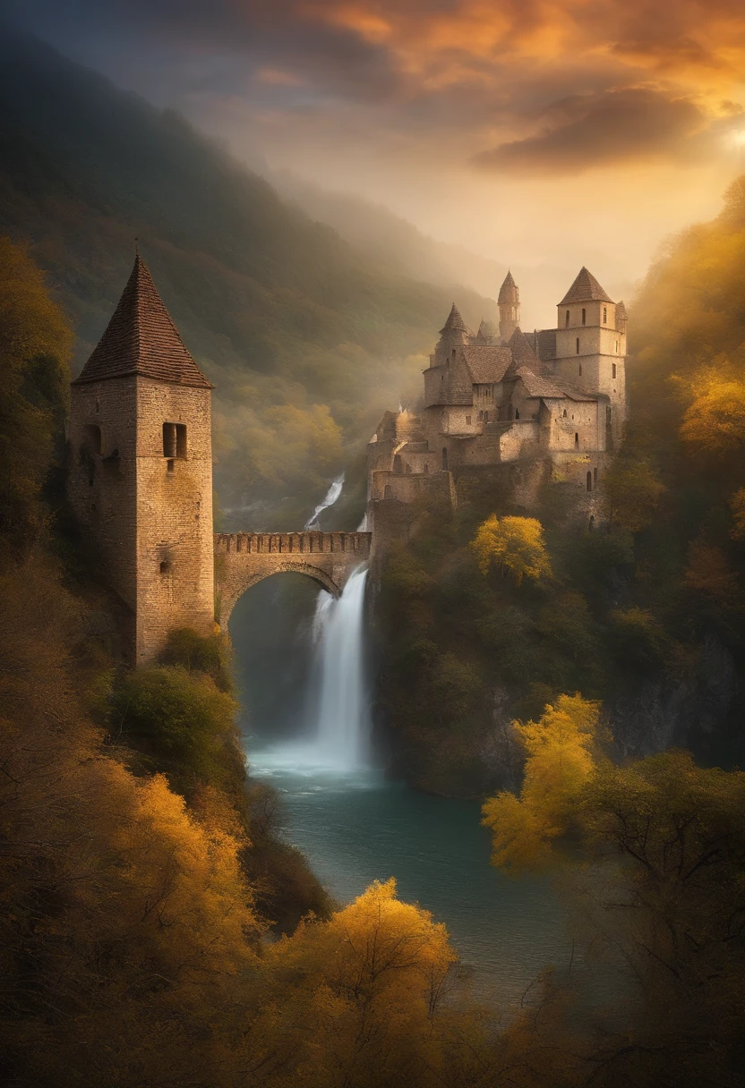 medieval style village,dilapidated stone street,Someone blocked the road at the edge of the canyon,Transparent water waterfall and castle,Bird dragon spits mystical catholic fire in yellow moonlight and soft mist