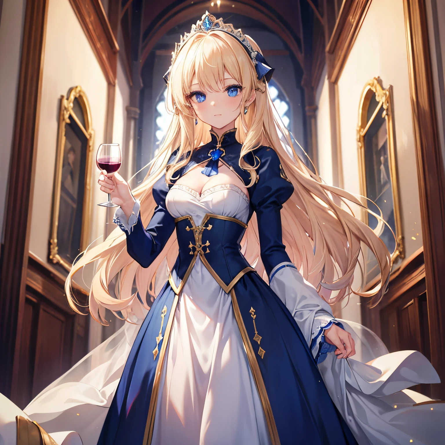 one-girl,Alone,Noble costumes,nobles,ellegance,sweetheart,A princess,Nobile,blue aristocratic dress,eBlue eyes,blond hair blue eyes,curlies,high high quality,High- sharpness,Holding a wine glass in his hand。