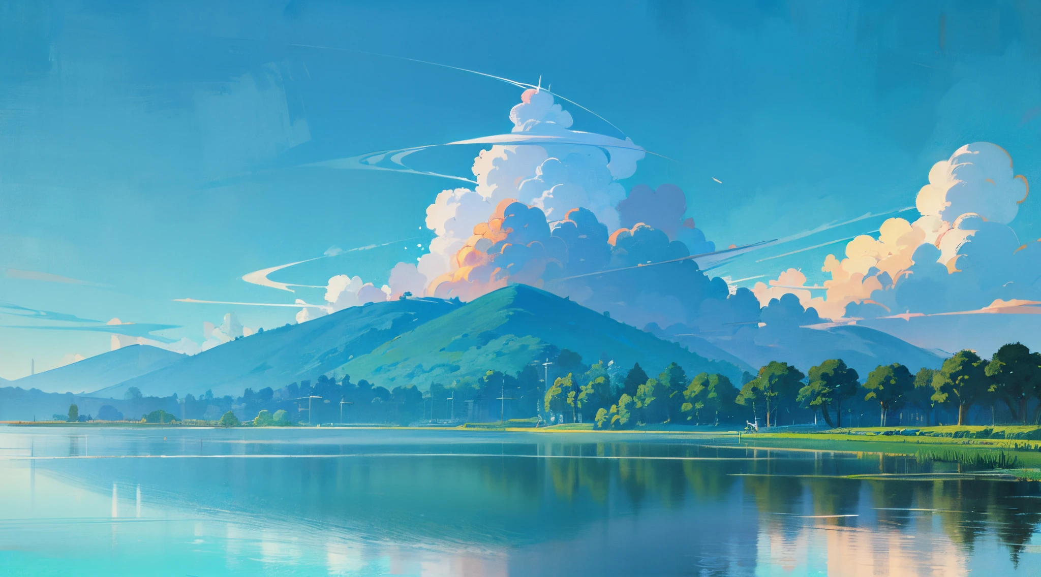 (ghibli style background illustration), a lake with water lilies,