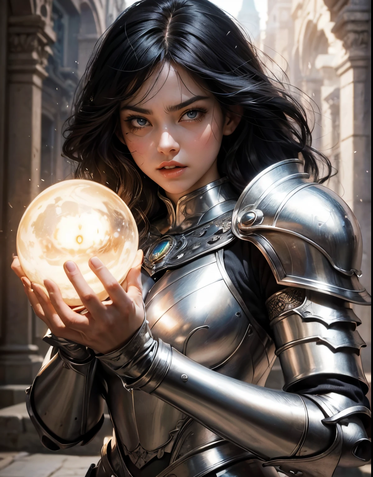 A beautiful woman. Detailed drawing of the face. Beautiful double eyes. The bridge of my nose. Thick, well-shaped lips. She has an angry look on her face. She wears beautiful silver-white armor that leaves little skin exposed. She holds her hands up towards the camera, where magical energy bullets are being created. A masterpiece.