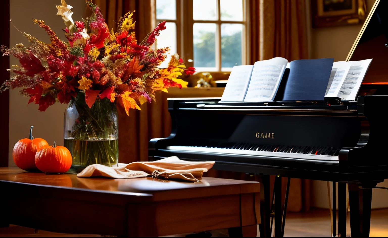 There is a grand piano and a bottle of fruit on the table, wonderful compositions, grand piano, fall season, masterful composition!!!, harvest, harvest fall vibrance, 美丽的构图, piano in the background, autumn period, pianos, full piano, in fall, Warm and joyful atmosphere, harvest fall vibrance, brilliant composition, elaborate composition, Elegant composition, pianos