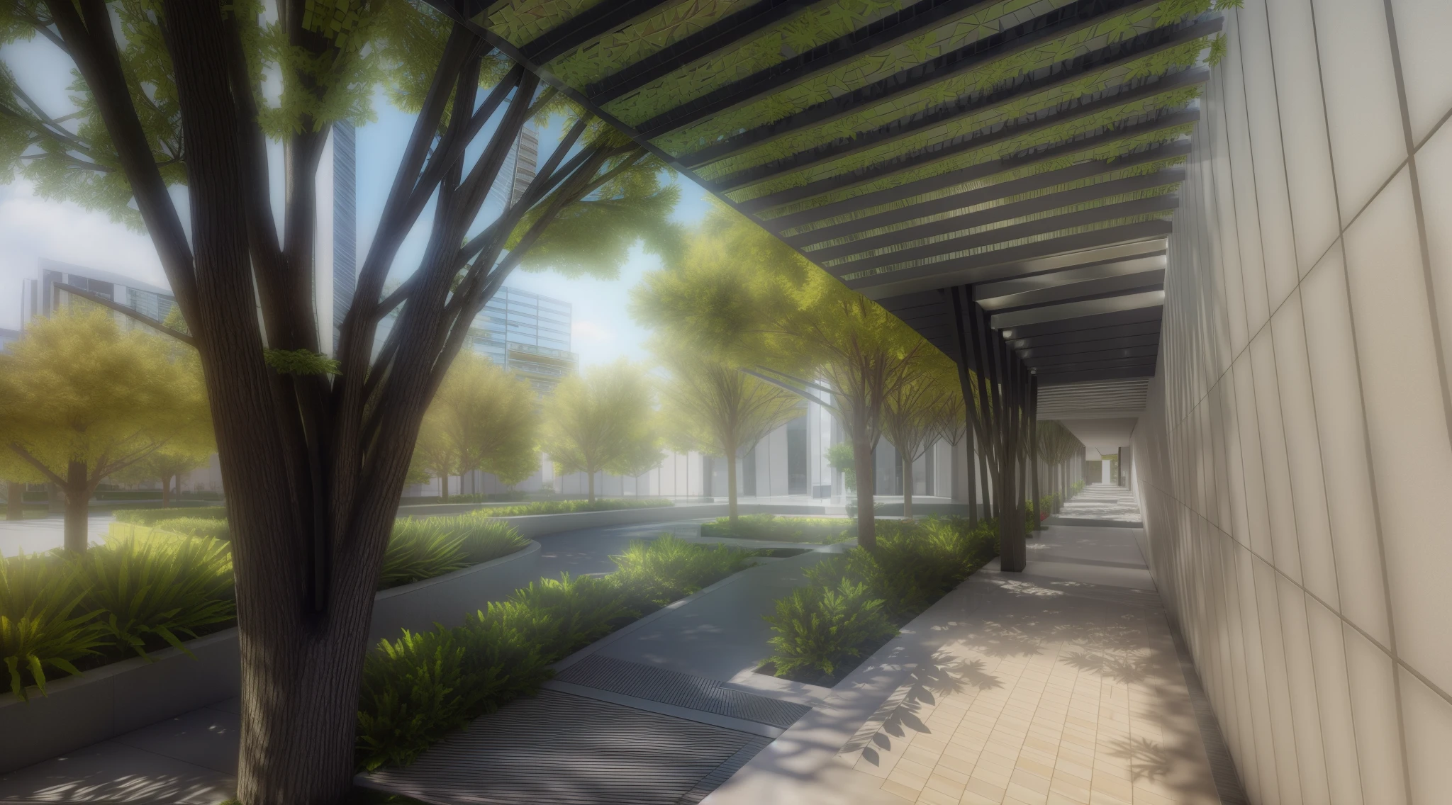 There is a walkway leading to a building with trees, architectural 3d render, archviz, Photorealistic rendering, building rendering, Photorealistic rendering, building rendering, Encapsulated rendering, a digital rendering, archviz, beautifully detailed render, highly detailed render, detailed render, Low angle isometric rendering, Lumion rendering, highly detailed 3d render