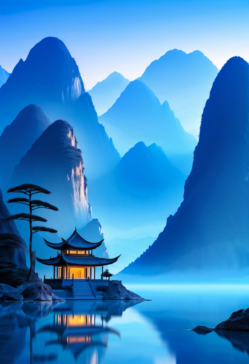 Traditional Chinese Architecture , Zen , a blue abstract mountain landscape with mountain views in water, in the style of traditional chinese landscape, bess hamiti, organic formations, uhd image, kazuki takamatsu, minimalist backgrounds, serene faces