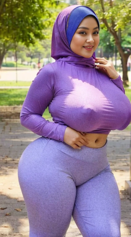 masterpiece, high quality photos, detailed photos, beautiful chubby Malay woman wearing a hijab, has super plump breasts, wearing a tight t-shirt, sexy leggings, big buttocks, posing smiling in the park, detailed body description, detailed facial description,