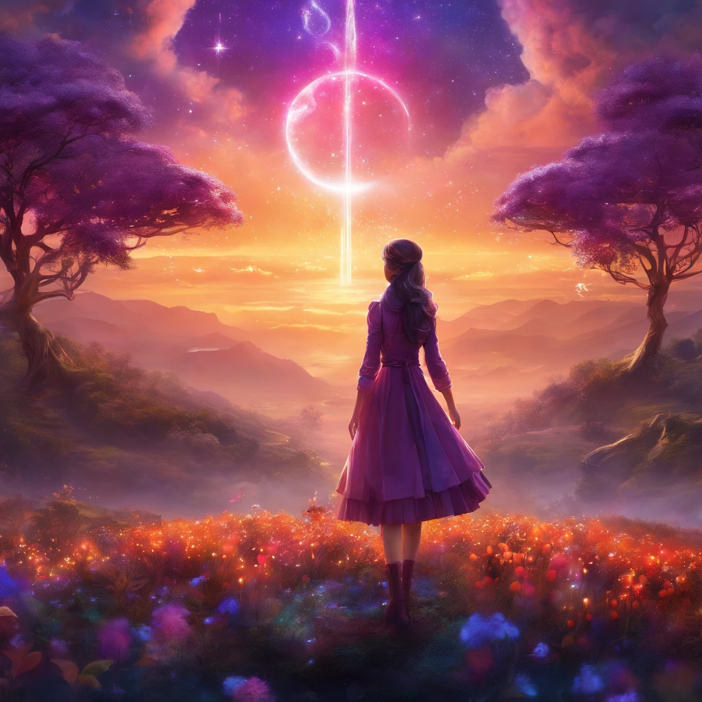 Expansive landscape photography, (look at the sky and open countryside below), a girl standing on flower field looking up, (Take the keys: 1.2), (meteors: 0.9), (Starcloud: 1.3), Far Mountain, tree cutting art, (Warm light source: 1.2), (glowworm: 1.2), lightbulb, Very purple and orange, intricately details, Volumetriclighting, BREAK Realism (tmasterpiece: 1.2) , (best quality), 4K, ultra - detailed, (Dynamic synthesis: 1.4), Highly detailed color details, (Irridescent color: 1.2), (Bright lights, Ambiance Lighting), far-sighted, magia, (Alone: 1.2)