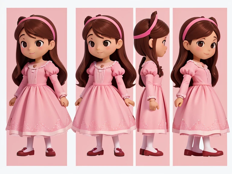 Imagem de perfil de uma menina andando, character animation frames, identical character design in each frame, The girl is alone, Feliz, brown hair, olhos castanhos, bochechas rosadas, Traje de cowboy cor-de-rosa, pink sapatilha Rosa, imagem vertical, fundo branco.