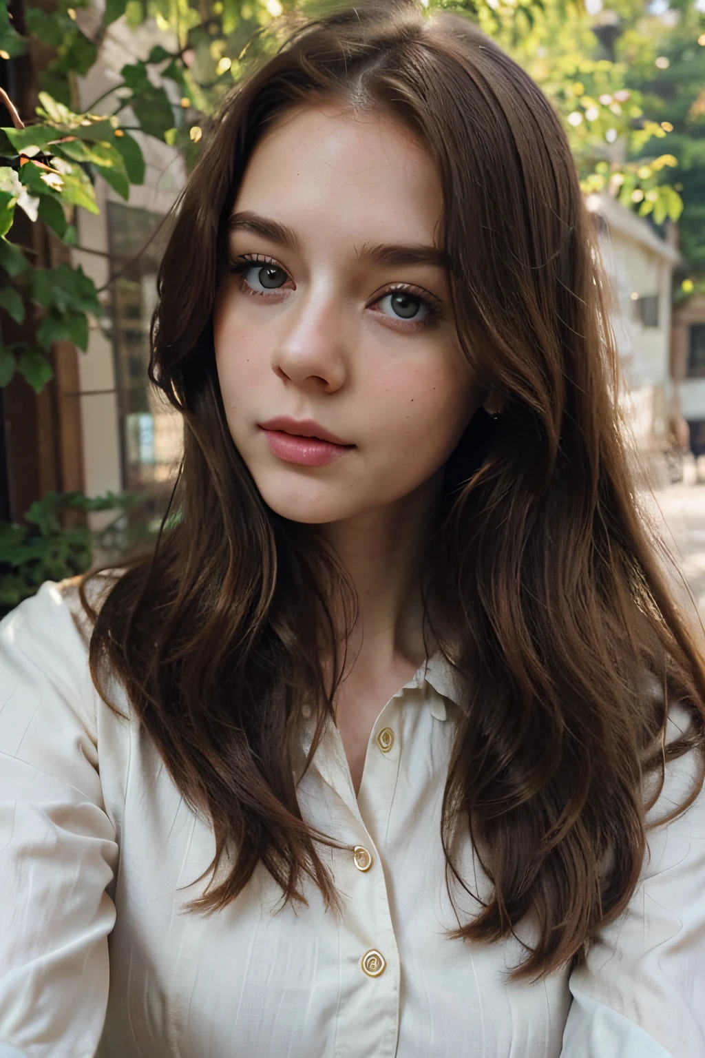 European girl with brown hair, blue eyes, long hair, beige blouse in vintage style, pretty face, pale face, beautifully styled hair, thin lips, rosy cheeks, selfie, green leaves in the background