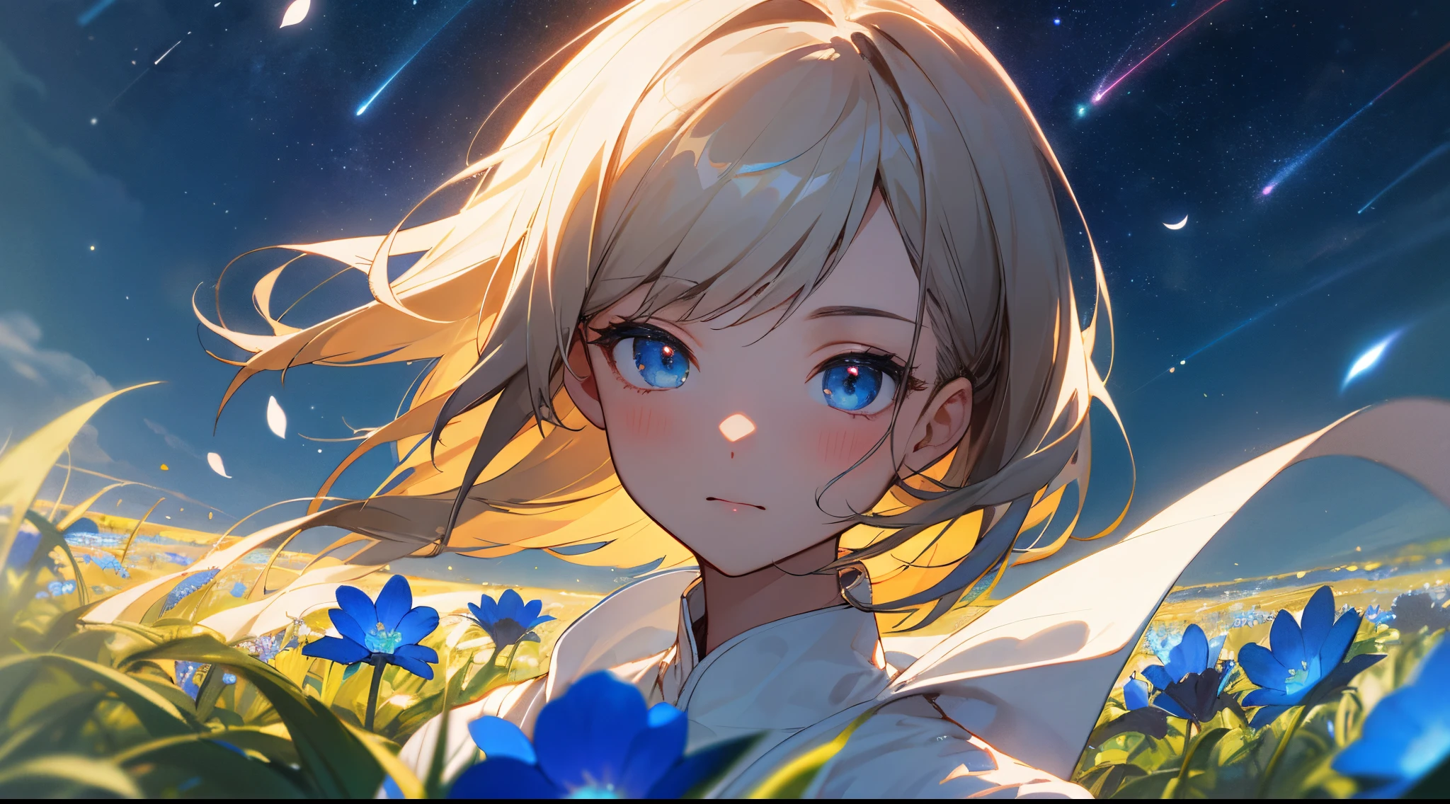 Masterpiece, Best Quality, Ultra Detailed, CG, Cinematic Angle, Close-up, Perspective, Portrait, Delicate Eyes, A Girl, Standing in a Field of Flowers, Blue Flower Field, Petals, Blue Flowers, Sea of Flowers, Night, Starry Sky, Moon, Shooting Star