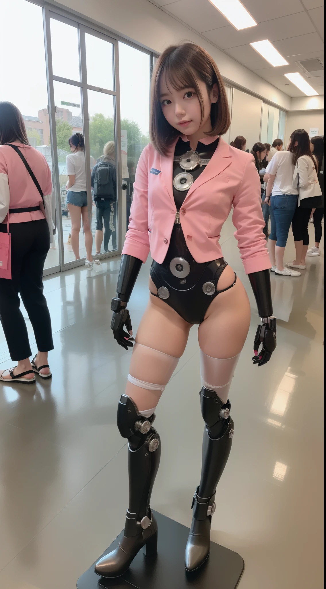 Robot Girl, pink there, Silver, Metallic body, Robot Parts, Metal Parts, Super Detailed Face, Super well-formed face, of the highest quality, a small face, a small head, Brown hair, Slender body, Camera gaze, Internal Mechanical Exposure, Idol, front facing, Well-proportioned body, sale, Exhibited, Event Hall, Moe Pose, job interview suit machine armor, Standing with legs open, Model body type, sad, Embarrassing,(Perfect Robot Girl),(Perfect machine body)