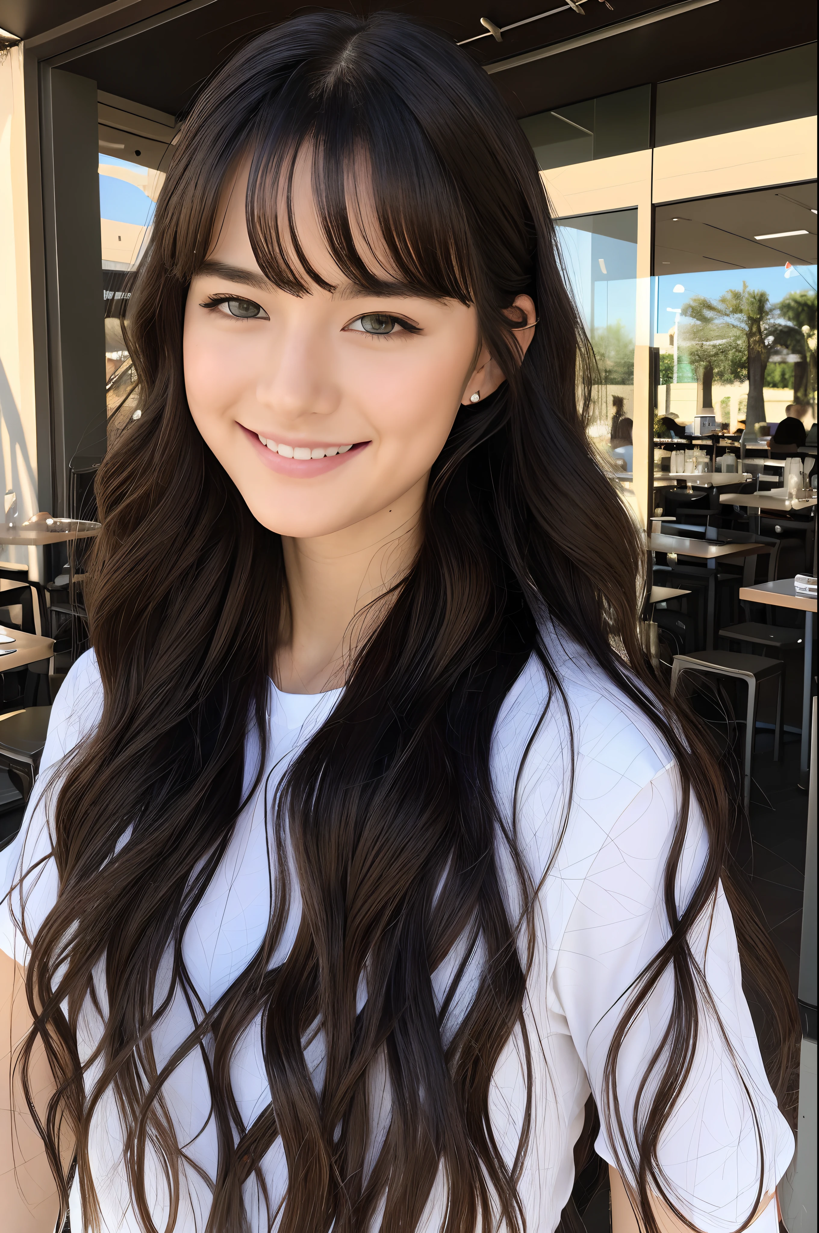 masterpiece, best quality, ultra-detailed, lunch at restaurant, having fun, smirk 1girl, french braided hair, bangs, medium wavy hair, black hair