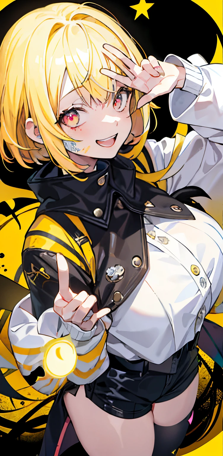 original character , 1girl, (crazy smile:1.2) , blonde hair , bangs , crazy eyes , hands on face , yellow blood splatter on face , yellow and black color scheme, open mouth, (wide-eyed:1.2), glowing eyes, left star shaped eye, star shaped eye, pink eyes, pink eyes