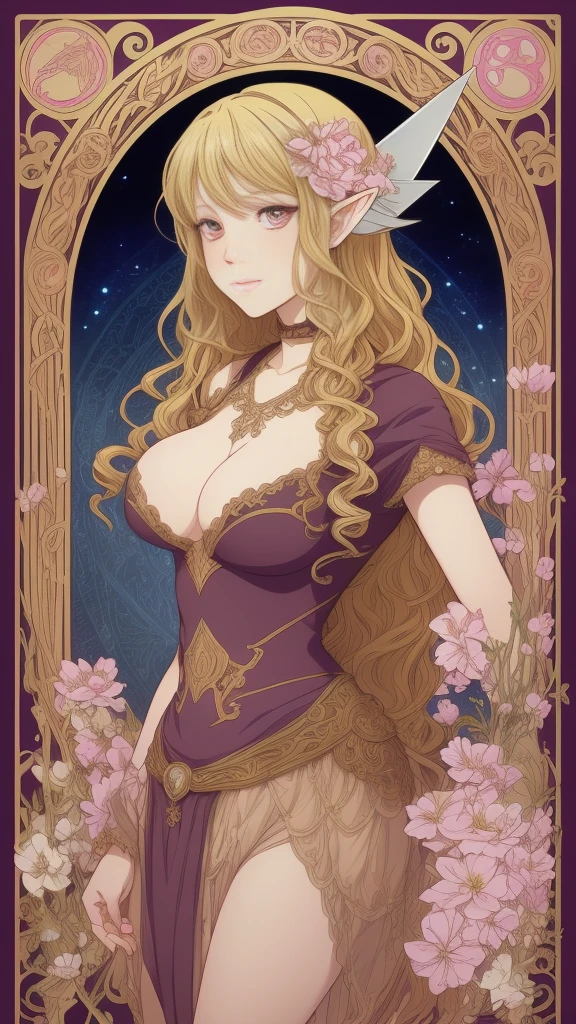 A long blonde curly hair,Large curls,Large breasts, Anime girl with pink eyes,artbook artwork,high detailed official artwork, alphonse mucha and rossdraws, anime art nouveau, highly detailed exquisite fanart, , anime fantasy illustration, anime art nouveau cosmic display,,Flower Fairy Elf,Ghost knife style flower sea,Fairy,Holy and beautiful --auto