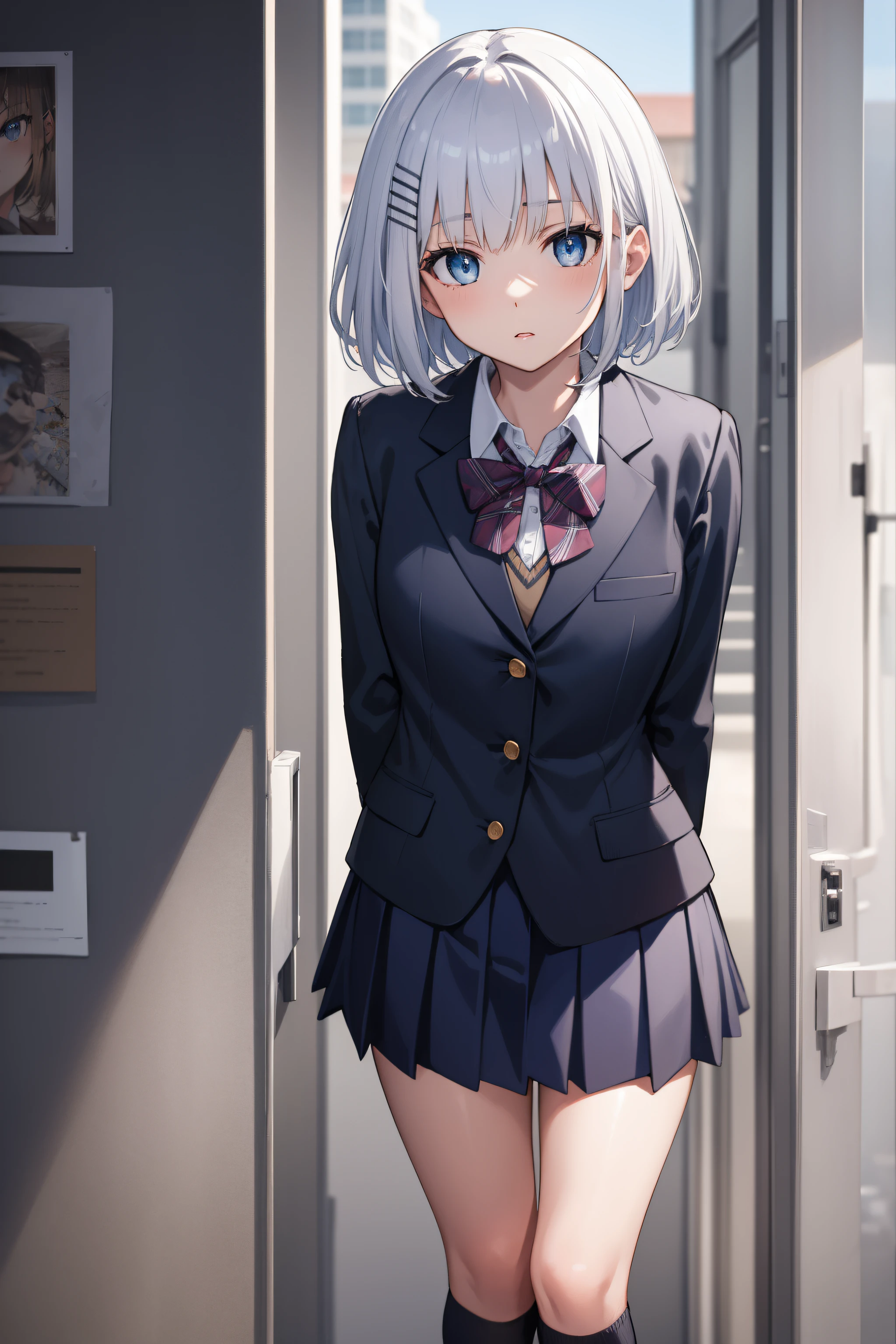 origamitobiichi, origami tobiichi, blue eyes, short hair, school uniform, white hair, hair clips, hair pins,
BREAK school uniform, white shirt, collared shirt, blazer, black blazer, long sleeves, skirt, blue skirt, kneehighs,
BREAK looking at viewer,standing, (leaning forward:1.2), (arms behind back:1.2),
BREAK outdoors,
BREAK (masterpiece:1.2), best quality, high resolution, unity 8k wallpaper, (illustration:0.8), (beautiful detailed eyes:1.6), extremely detailed face, perfect lighting, extremely detailed CG, (perfect hands, perfect anatomy),