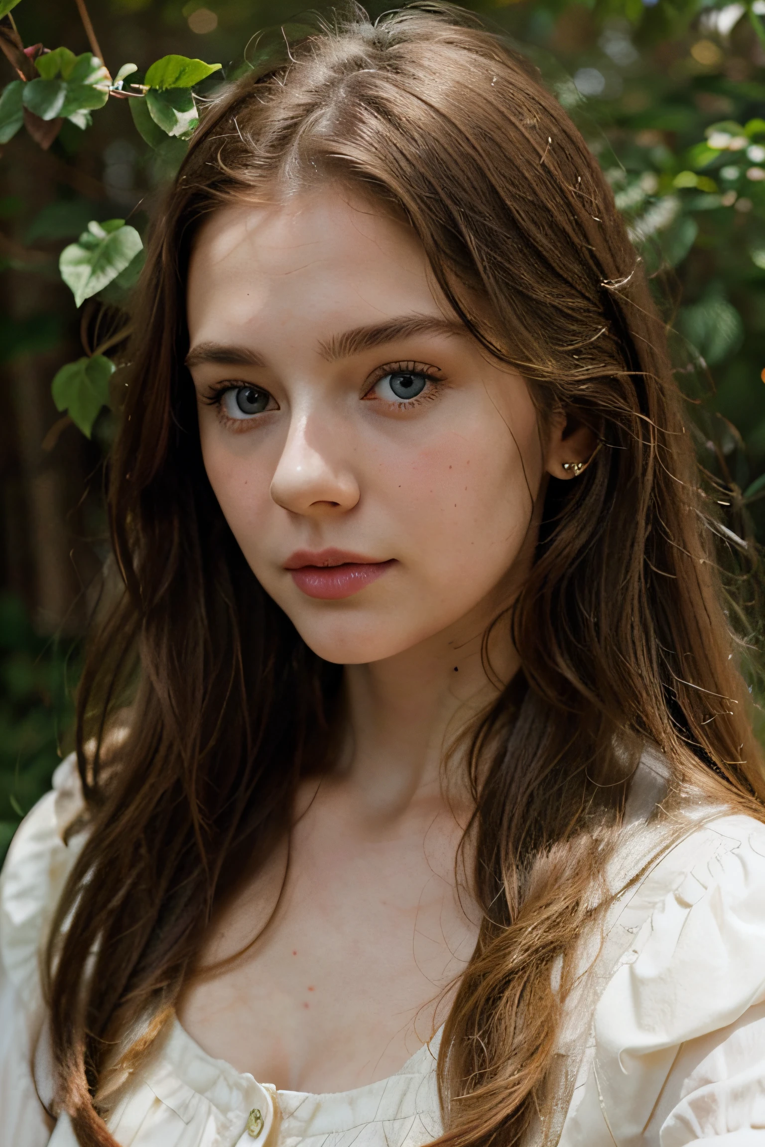European girl with brown hair, blue eyes, long hair, beige blouse in vintage style, pretty face, pale face, beautifully styled hair, thin lips, rosy cheeks, selfie, green leaves in the background