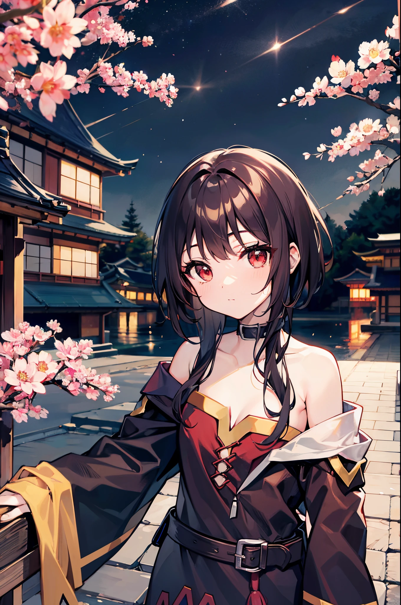 Megumin, red eyes, cabelos curtos, cabelos castanhos, com saia vermelha, noite, Japan, Tokyo, Sakura, deitada na grama, starly sky.