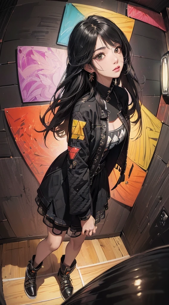 (((8k wallpaper of extremely detailed CG unit:1.2, masterpiece, hight resolution:1.2, top-quality:1.2, masutepiece))), ((a very beautiful woman, Hands in pockets:1.8, Grunge Fashion:1.2, wear a blouson:1.2, Wearing shoes)), ((extra detailed face, Highly detailed black eyes, extra detailed body, Top quality real texture skins)), (A dark-haired, length hair, de pele branca), ((colorful geometric pattern wall, Colorful wall)), (high-angle:1.2, a closeup, Fisheye:1.3), hyper realisitic, digitial painting,