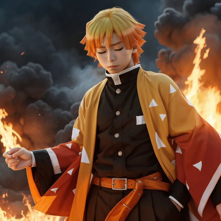 cosplay as Zenitsu Agatsuma, orange-haired anime boy from the world of Demon Slayer, closed eyes, exquisite face, stands in the midst of a blazing inferno