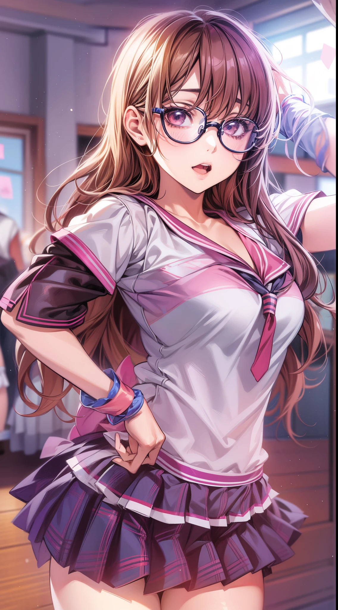Anime - A woman with silk cheerleading and glasses takes a photo, small curvy , a hyperrealistic schoolgirl, a hyperrealistic schoolgirl, Loliring silk cheerleading, Cute anime wife wearing a nice cheerleading costume, Smooth Anime CG Art, anime highly detailed, Seductive Anime Girl, with glasses, photorealistic anime girl render, Detailed Digital Anime Art