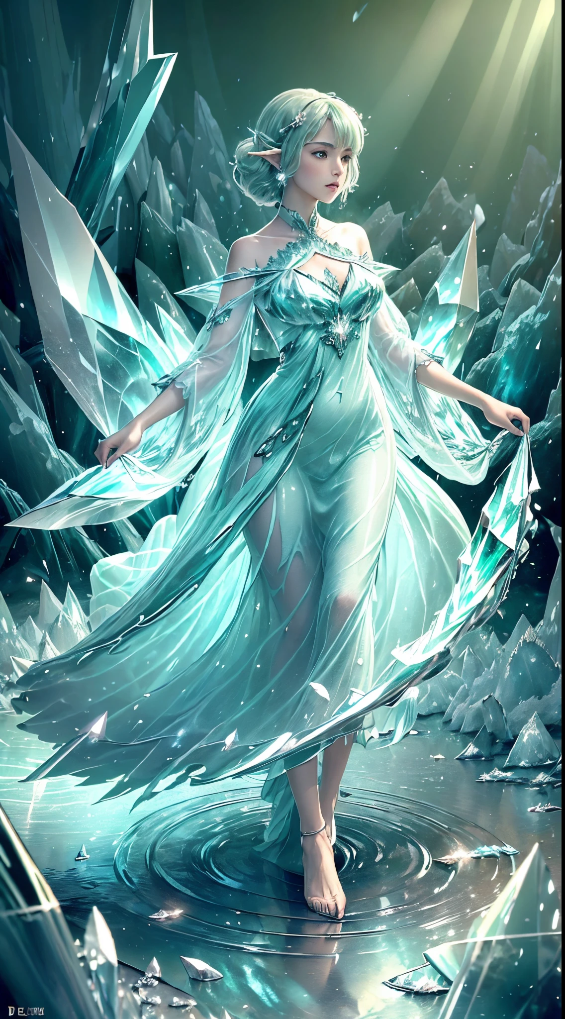 (Masterpiece, Top Quality, Best, Official Art, Beautiful and Aesthetic, Long Exposure: 1.2), Smooth Movement, Charming Patterns, 1 Girl, (Long Dress with Sleeves: 1.3), (((Green Clothes) )), upper body close-up, bare shoulders, Chinese girl, blush, black lob hair, portrait, solo, upper body, looking at the observer, detailed background, detailed face, (crystallineAI, crystalline theme:1.1), elemental wood elf, rotation foliage, control foliage, emerald clothing, dynamic pose, floating particles, ethereal dynamics, foliage, vapor, forest in the background, green tint, forest, ethereal atmosphere,