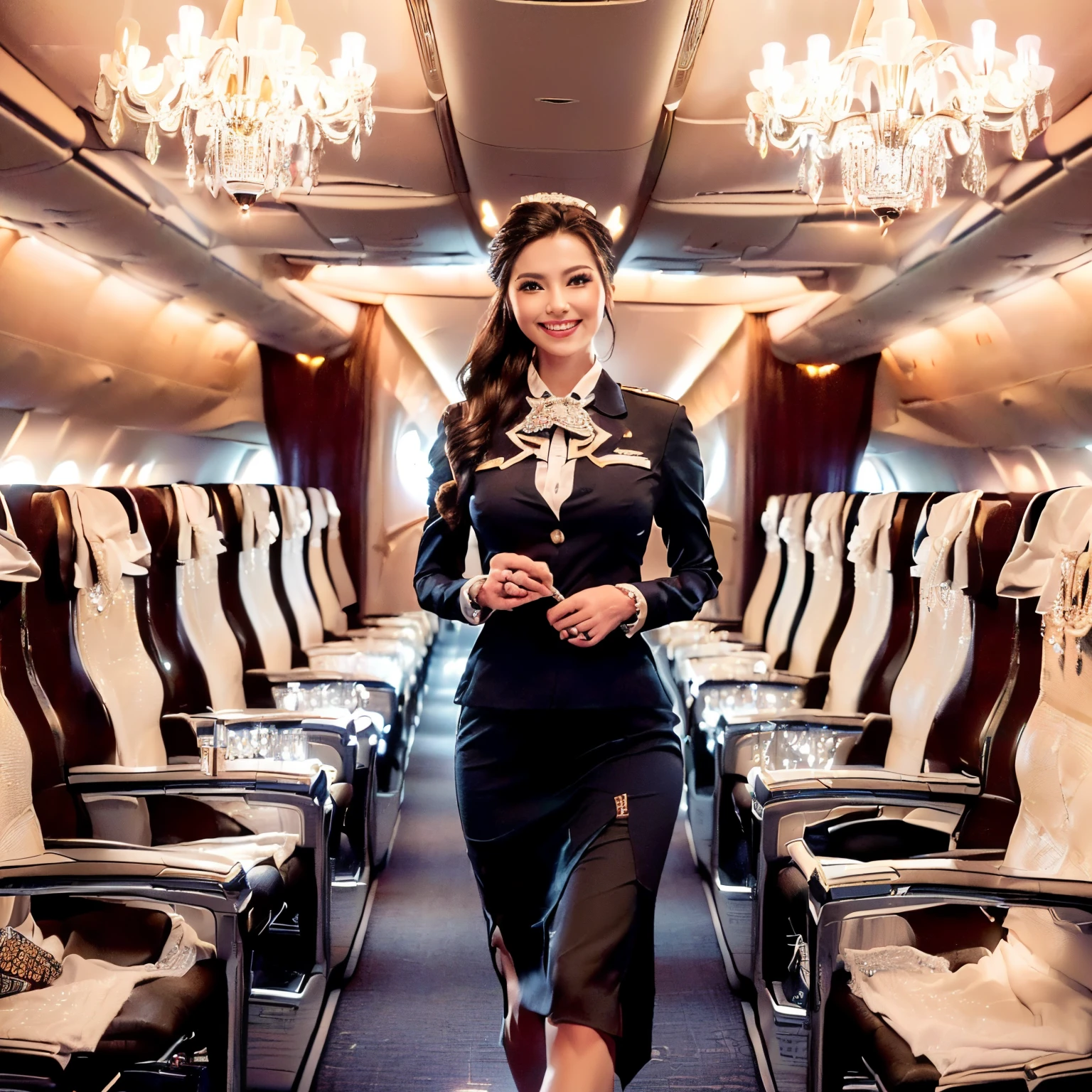 ((top-quality、masutepiece、8K、Top image quality、Hyper-Realism))、((1 female stewardess、cowboy shot))、(photo of her upper body:1.5)、(Her cowboy shot:1.5)、(Take a photo of her from the waist up:1.5)、(she walks gracefully down the aisle:1.5)、((The background is an airplane aisle))、((Gorgeous Chandeliers、The most luxurious and exclusive airplane interiors、luxurious royal interior、Top class seats:1.5)、(Seats arranged symmetrically in a regular manner:1.3)、((perfect stewardess uniform))、(Exposing the forehead、Chignon)、The Biggest Smile、white big teeth、Perfect makeup、long eyelashes、View me、smile your best smile、perfect anatomia、(Very bright lighting:1.2)
