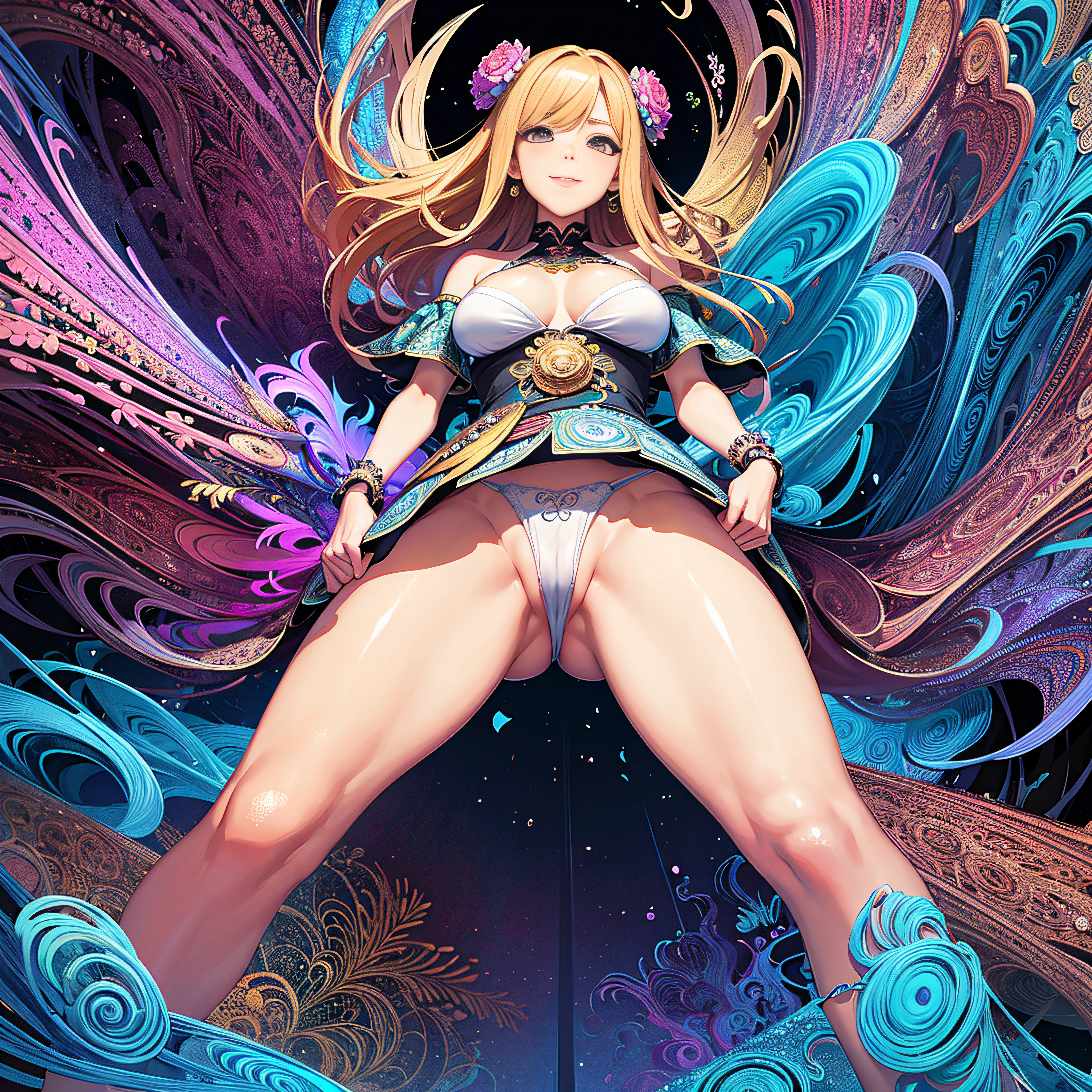 (masutepiece, of the highest quality, Best Quality, Official art, Beautiful and aesthetic:1.2), (1girl in:1.3), Extremely detailed,(Fractal Art:1.2),Colorful,highest details,(Zentangle:1.2), (Dynamic Pose), (Abstract background:1.5), (Congressional Dresses:1.2), (Shiny skin), (Many colors:1.4), Upper body, Thin gauze, Off-the-shoulder, blooming flower field, Glowing skin, lightsmile, Camel toe, Sexy, Bust, nakeness,From below,Ass Up wAIT